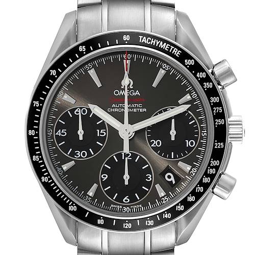 The Omega Speedmaster 323.30.40.40.06.001 Men's Stainless Steel Grey Dial watch is shown from a front angle, highlighting the dial, tachymeter bezel, and chronograph sub-dials.