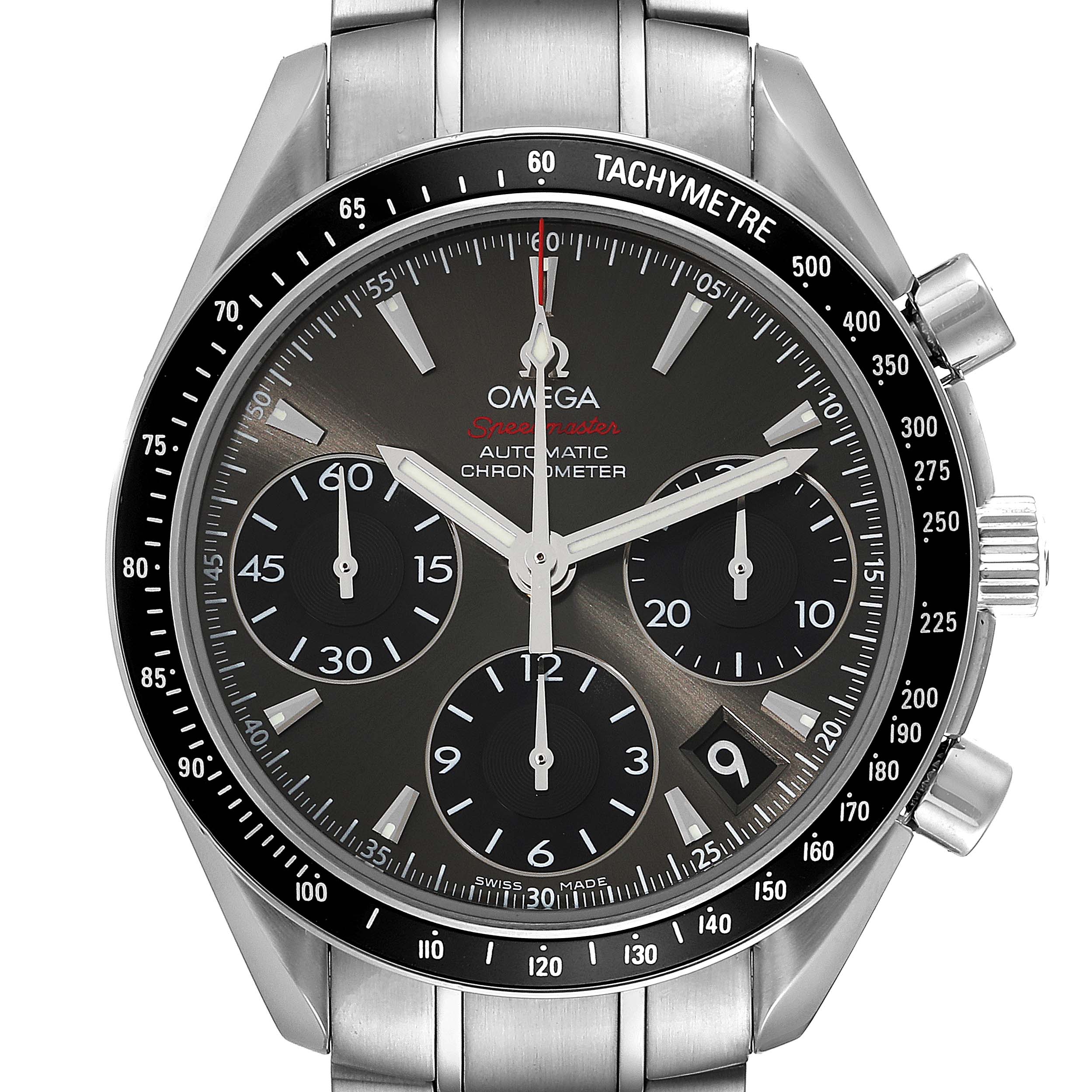 The Omega Speedmaster 323.30.40.40.06.001 Men's Stainless Steel Grey Dial watch is shown from the front, highlighting its dial, chronograph subdials, bezel, and crown.