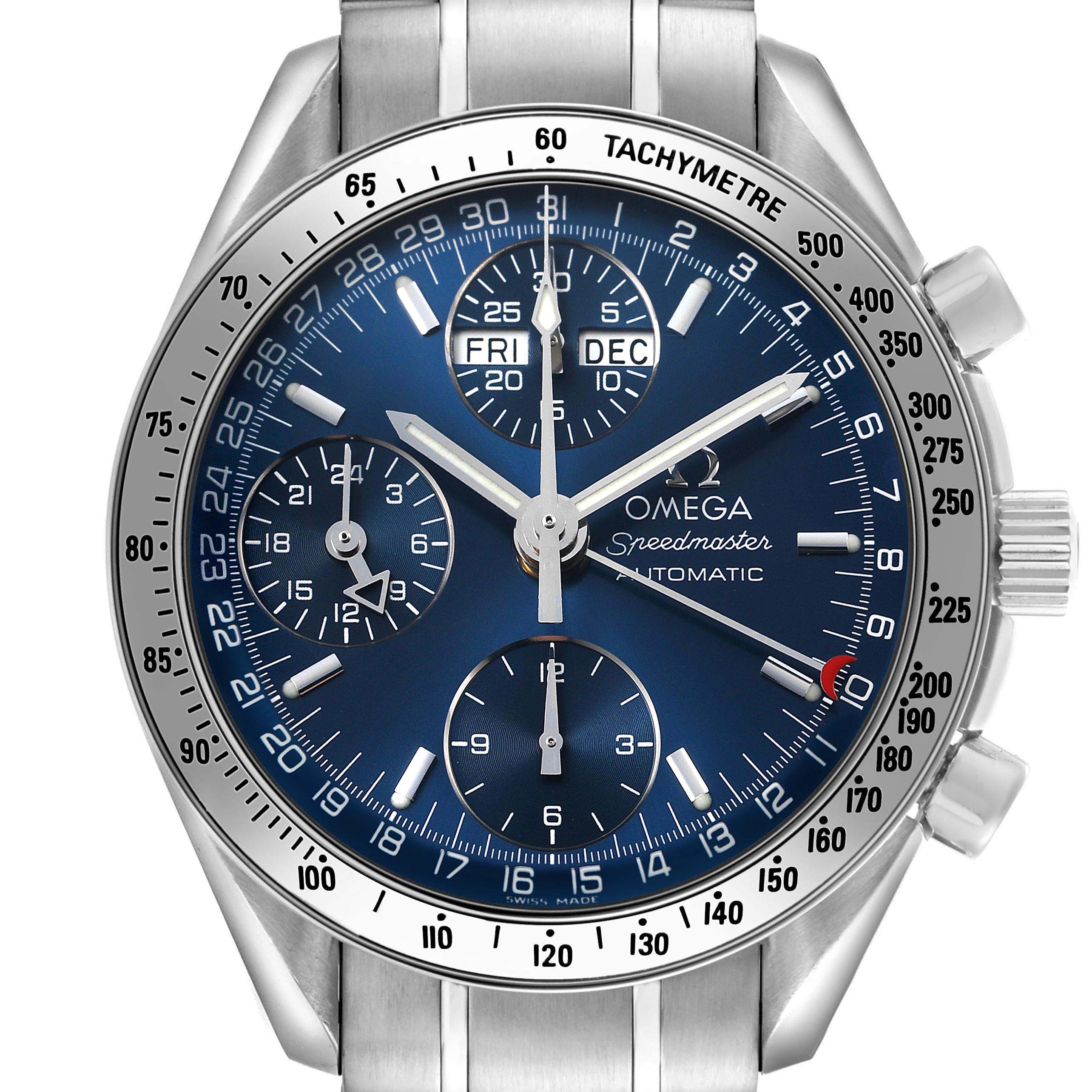 The Omega Seamaster 3523.80.00 Men's Stainless Steel Blue Dial is shown from a front angle, highlighting the dial, tachymeter bezel, and chronograph subdials.