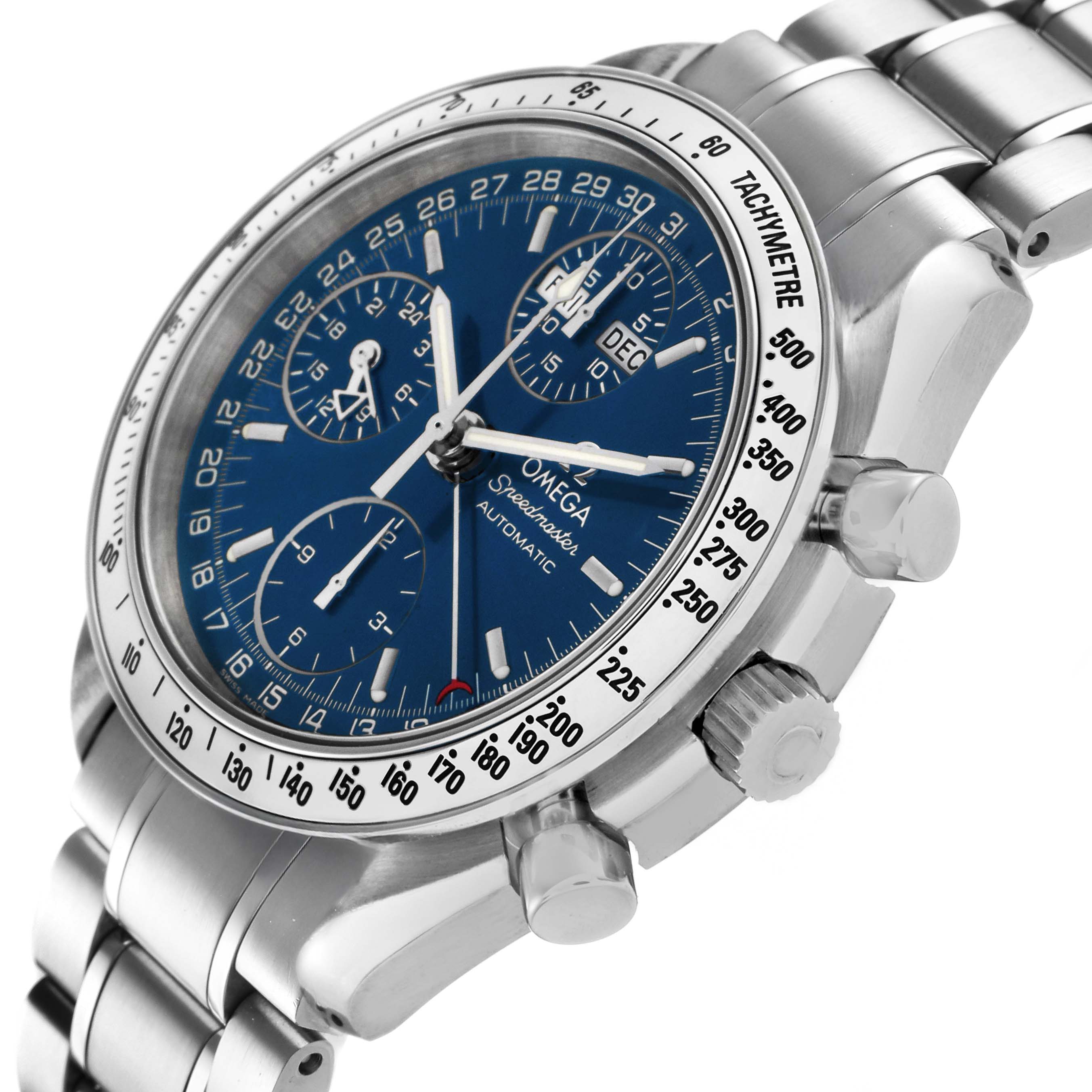 The Omega Seamaster 3523.80.00 Men's Stainless Steel Blue Dial watch is shown from a side angle, highlighting the dial, bezel, pushers, and bracelet.