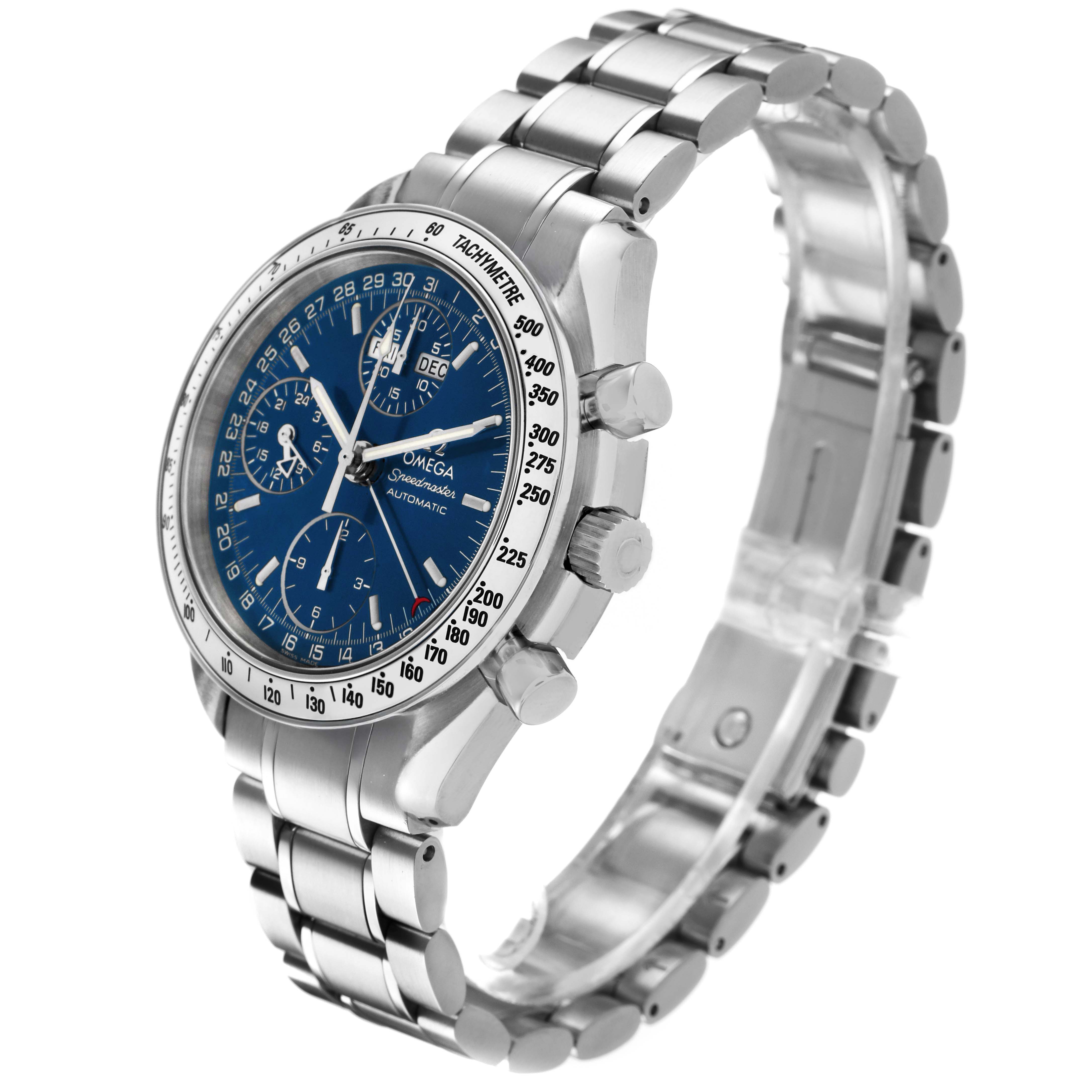 The Omega Seamaster 3523.80.00 Men's Stainless Steel Blue Dial watch is shown at a three-quarter angle, displaying the bracelet, bezel, dial, crown, and pushers.