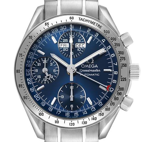 The Omega Seamaster 3523.80.00 Men's Stainless Steel Blue Dial watch is shown from a front angle, displaying its dial, chronograph subdials, and tachymeter bezel.