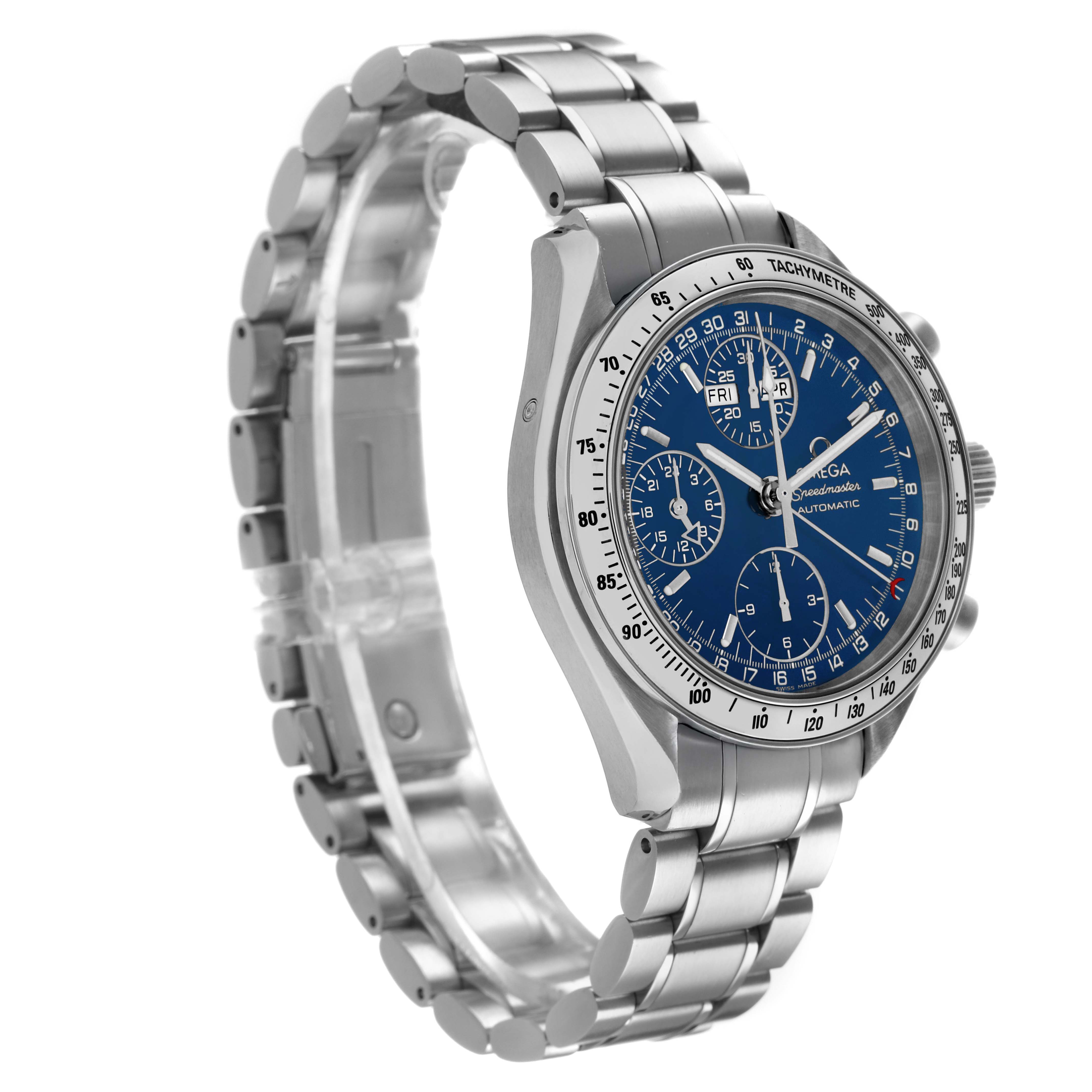 The Omega Seamaster 3523.80.00 Men's Stainless Steel Blue Dial watch is shown at a three-quarter angle, featuring a metal bracelet, blue dial, and tachymetric bezel.