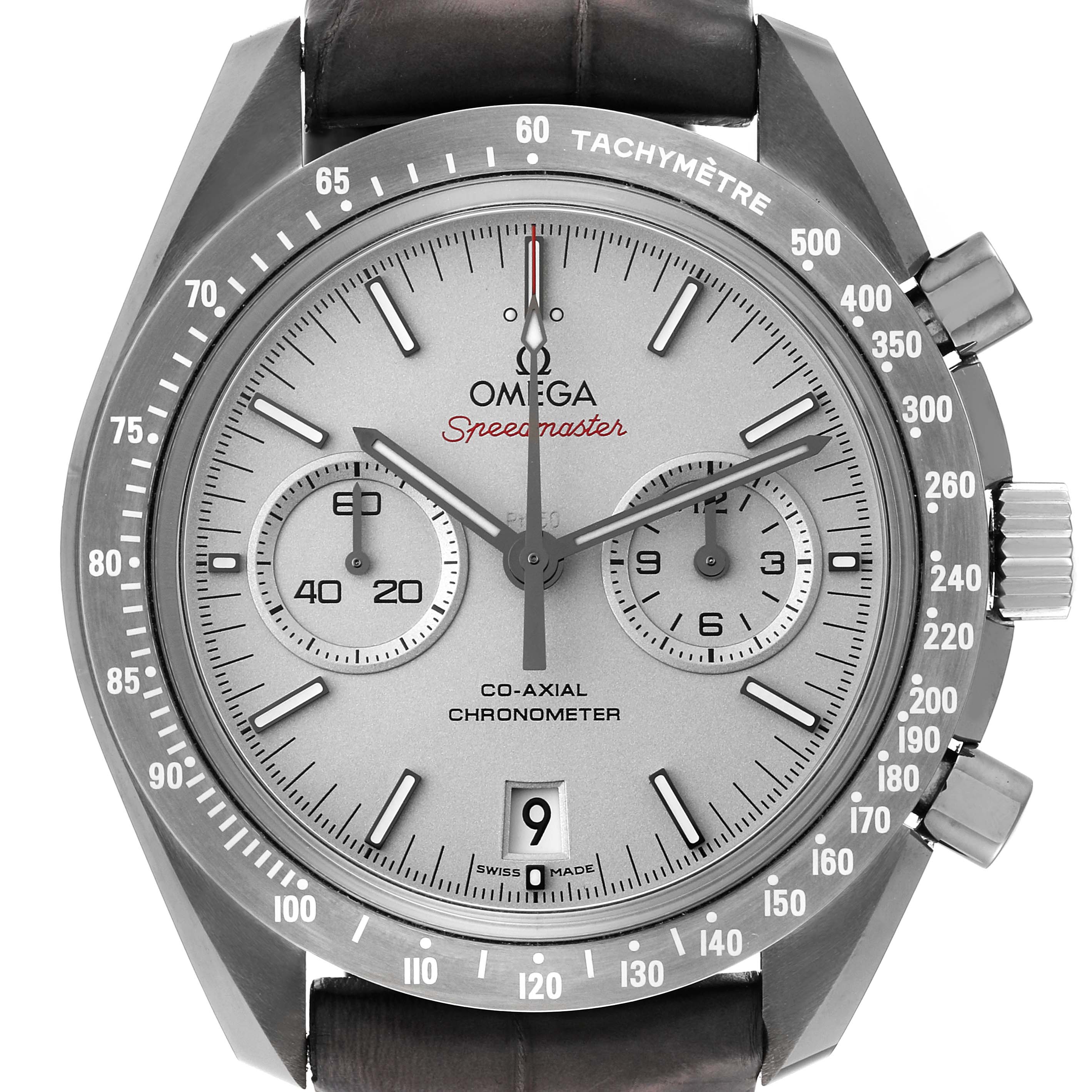 The image shows a frontal view of an Omega Speedmaster 311.93.44.51.99.001 Men's Ceramic Silver Dial 311.93.44.51.99.001 Men's Ceramic Silver Dial watch featuring its dial, chronograph subdials, and tachymeter bezel.