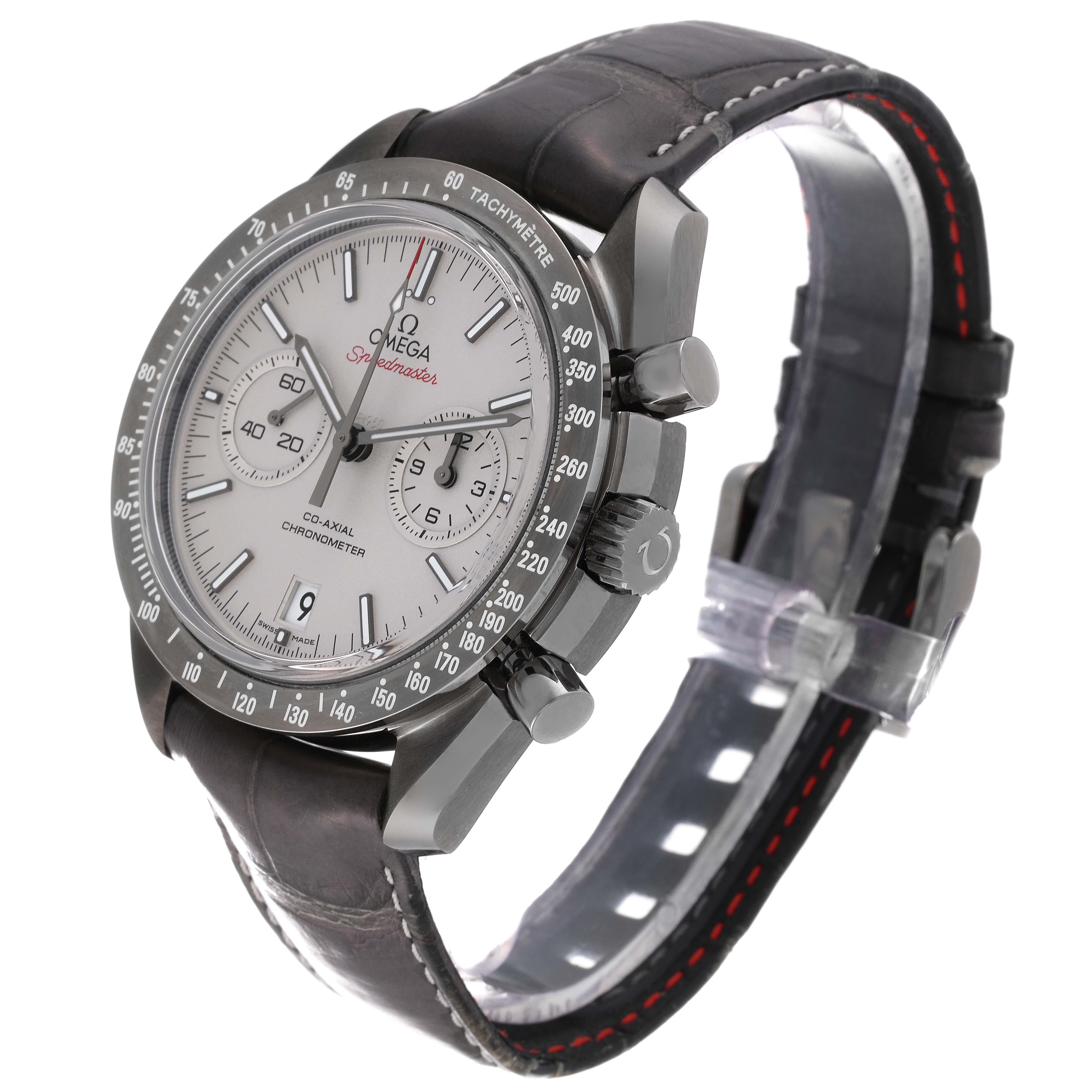 The image shows a side-front angle of the Omega Speedmaster 311.93.44.51.99.001 Men's Ceramic Silver Dial 311.93.44.51.99.001 Men's Ceramic Silver Dial watch, highlighting its face, dials, bezel, and leather strap.