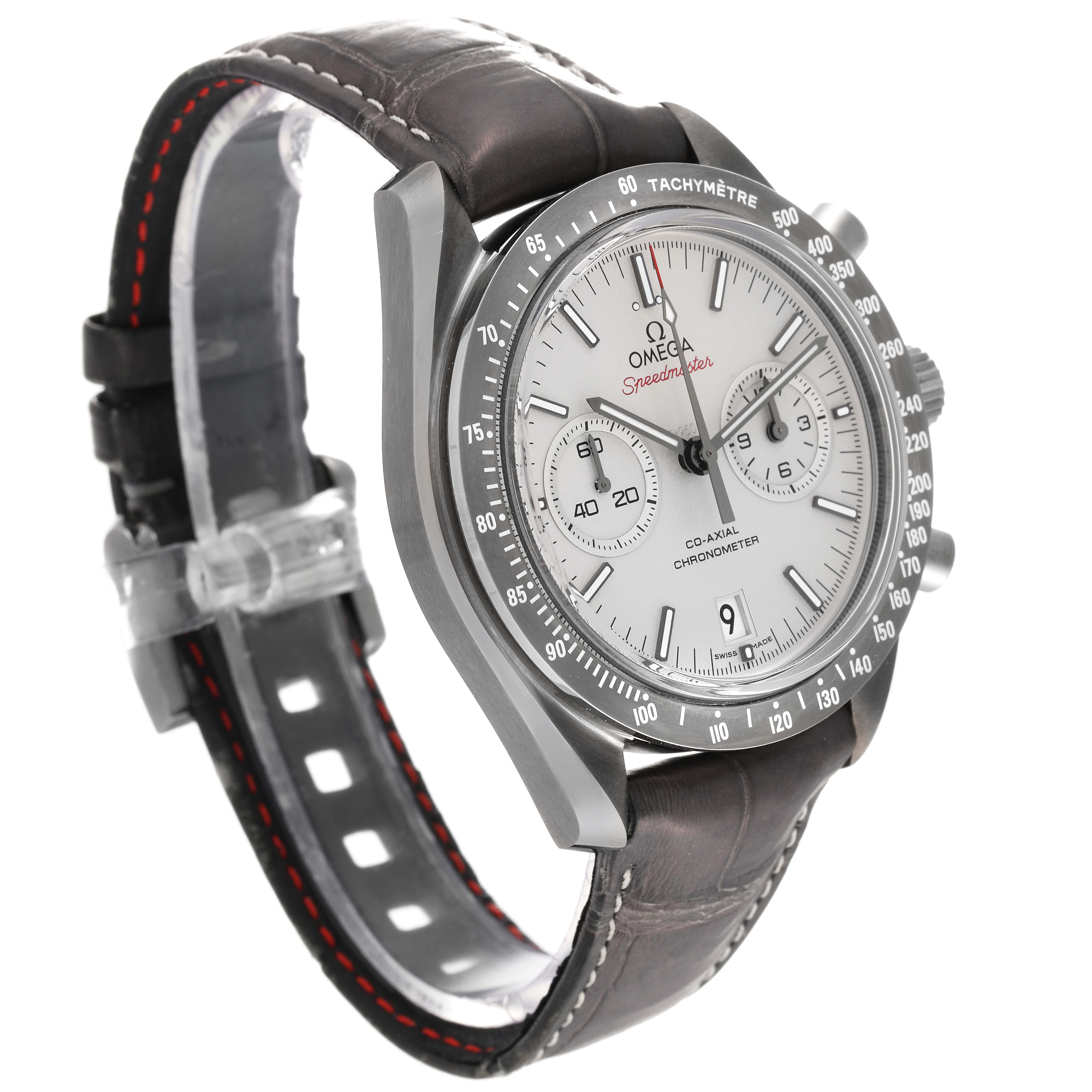 This image shows a side angle view of an Omega Speedmaster 311.93.44.51.99.001 Men's Ceramic Silver Dial 311.93.44.51.99.001 Men's Ceramic Silver Dial watch, highlighting its case, dial, bezel, and leather strap.