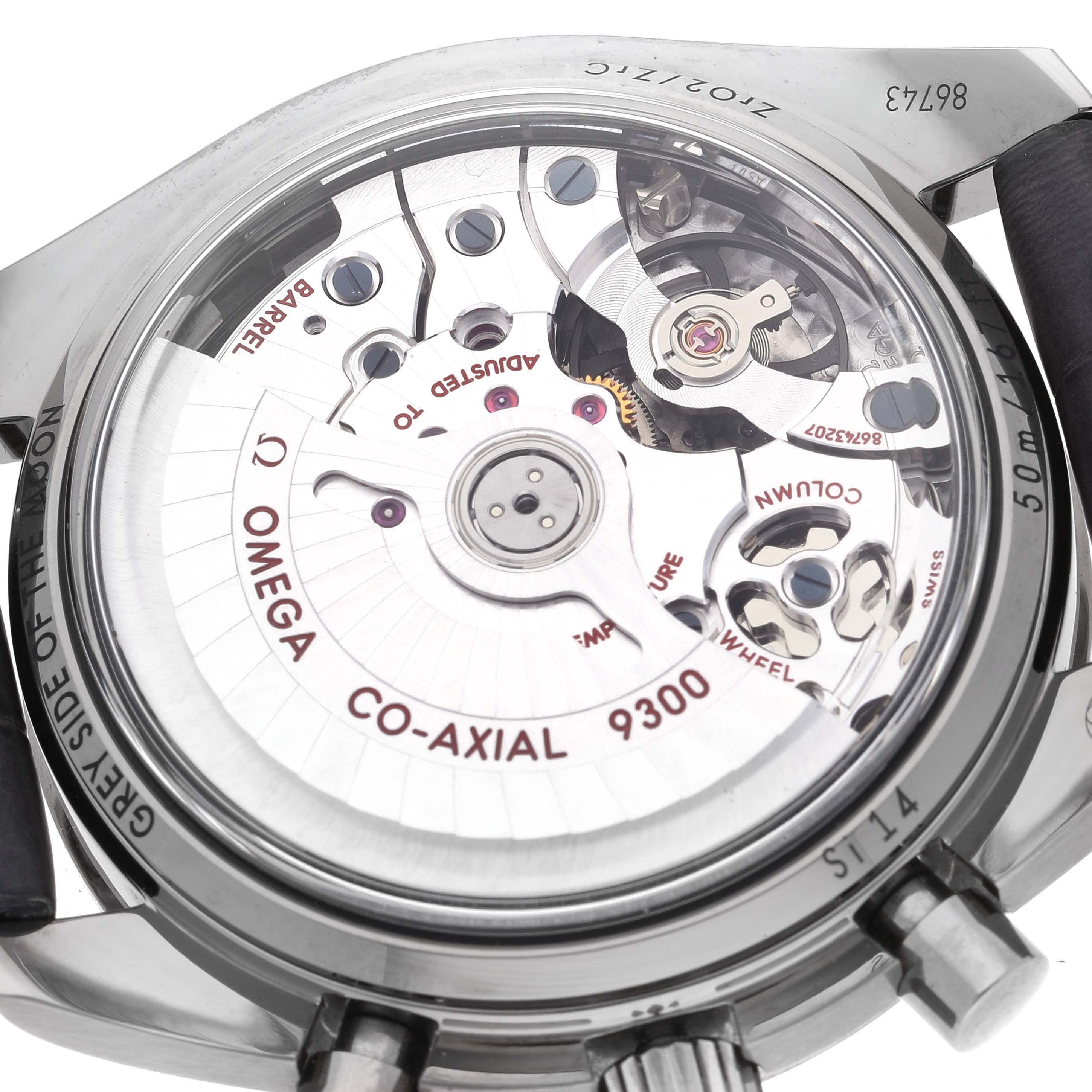 The image shows the back of an Omega Speedmaster 311.93.44.51.99.001 Men's Ceramic Silver Dial 311.93.44.51.99.001 Men's Ceramic Silver Dial watch, highlighting its Co-Axial 9300 movement.