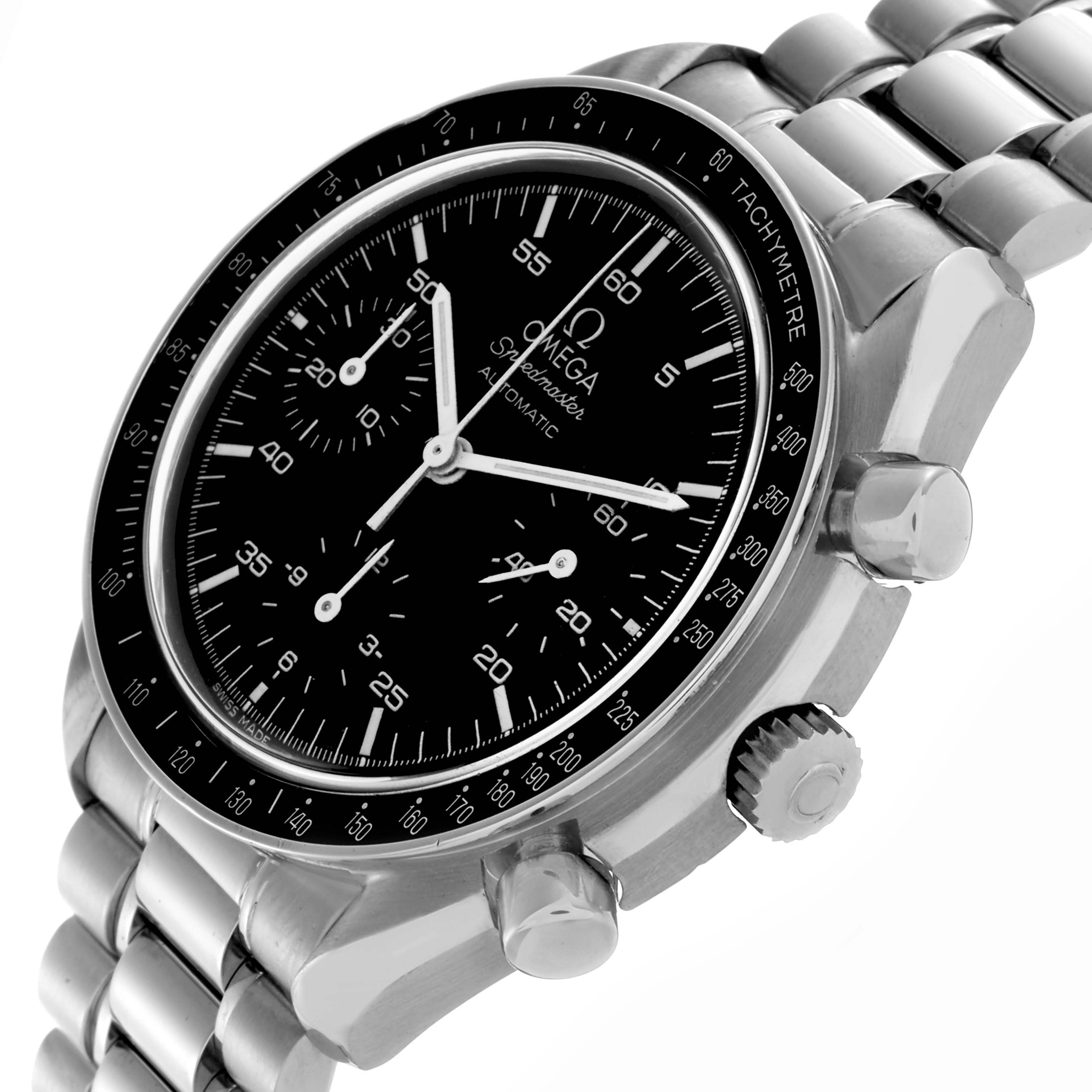 The Omega Speedmaster 3510.50.00 Men
s Stainless Steel Black Dial 3510.50.00 Men
s Stainless Steel Black Dial watch is shown at a slight angled view, highlighting the face, bezel, crown, and bracelet.