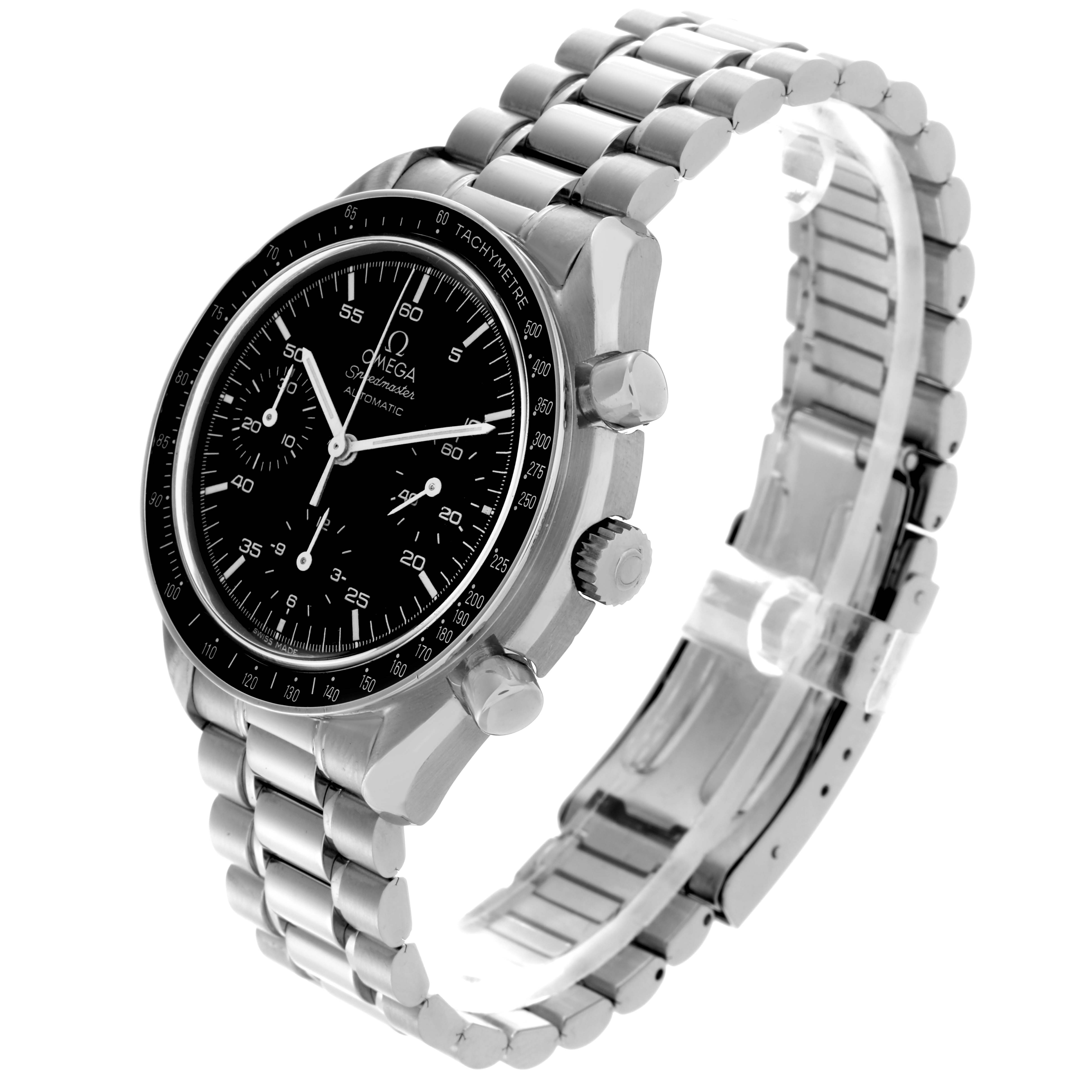 The Omega Speedmaster 3510.50.00 Men
s Stainless Steel Black Dial 3510.50.00 Men
s Stainless Steel Black Dial watch is shown from a three-quarter angle, displaying the face, bezel, bracelet, and pushers clearly.