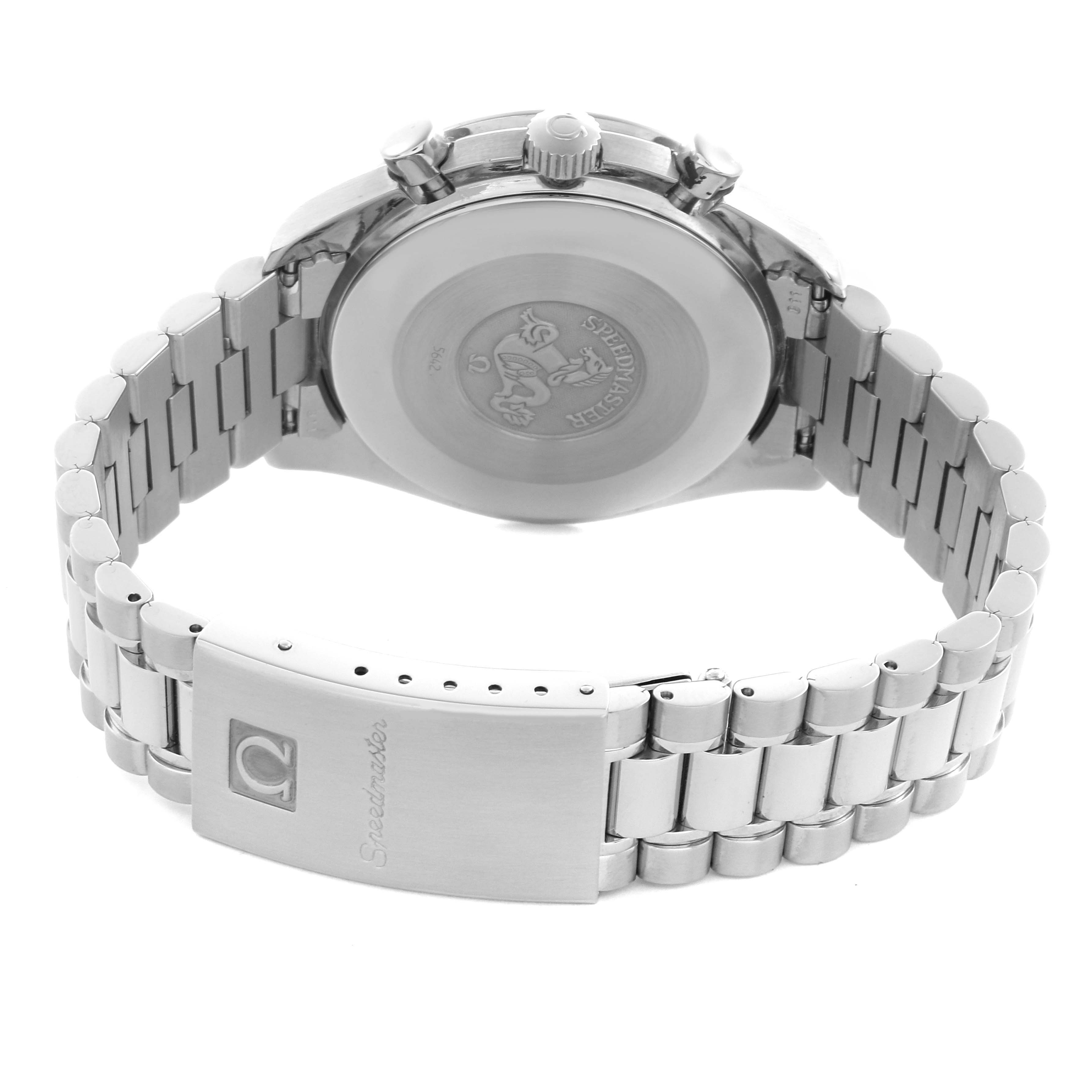 The Omega Speedmaster 3510.50.00 Men
s Stainless Steel Black Dial 3510.50.00 Men
s Stainless Steel Black Dial is shown from the back, featuring its case back, bracelet, and clasp.