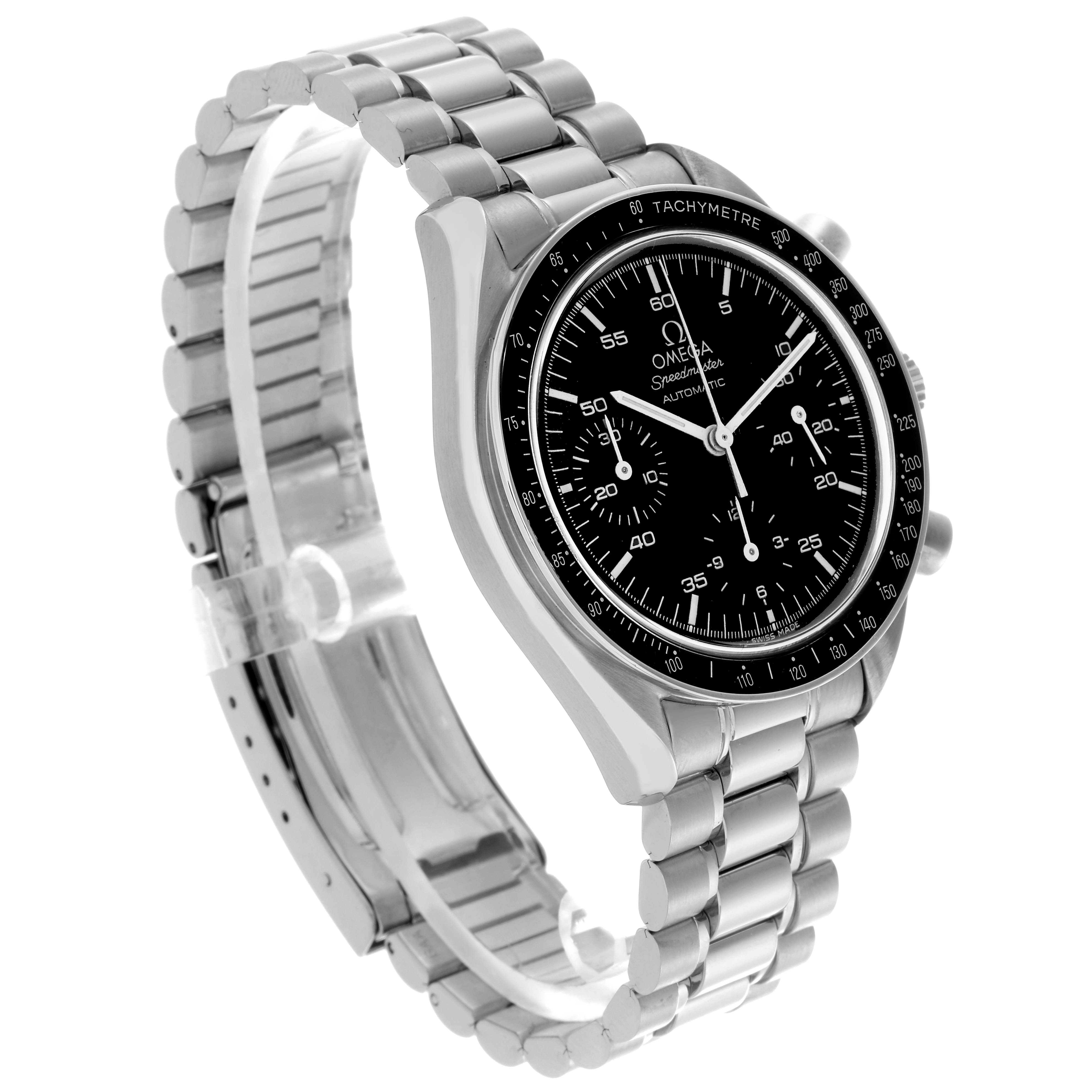 The Omega Speedmaster 3510.50.00 Men
s Stainless Steel Black Dial 3510.50.00 Men
s Stainless Steel Black Dial watch is shown at a three-quarter angle, displaying its dial, tachymeter bezel, chronograph subdials, and metal bracelet.