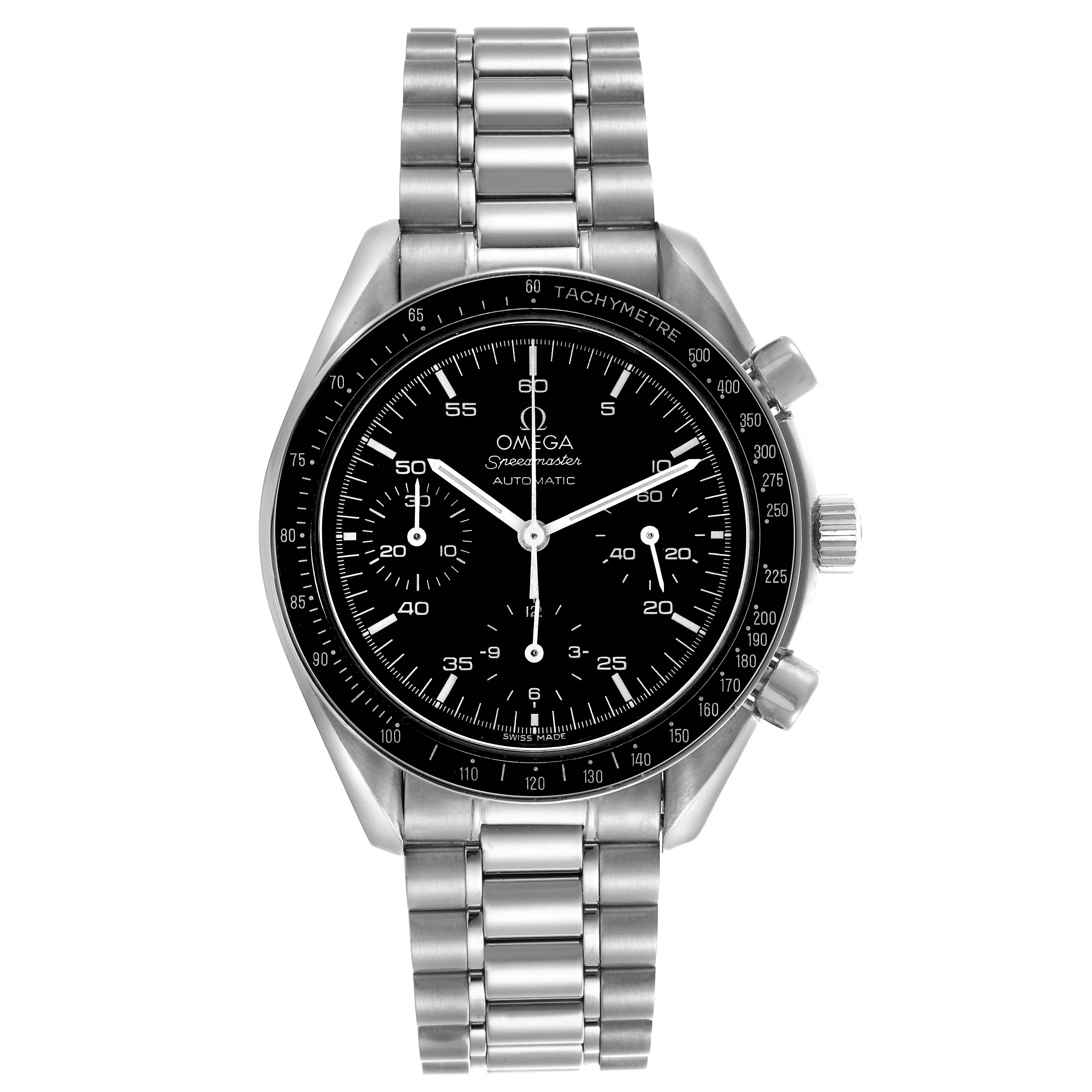 The Omega Speedmaster 3510.50.00 Men
s Stainless Steel Black Dial 3510.50.00 Men
s Stainless Steel Black Dial watch is shown from a front angle, displaying the dial, tachymeter bezel, and stainless steel bracelet.