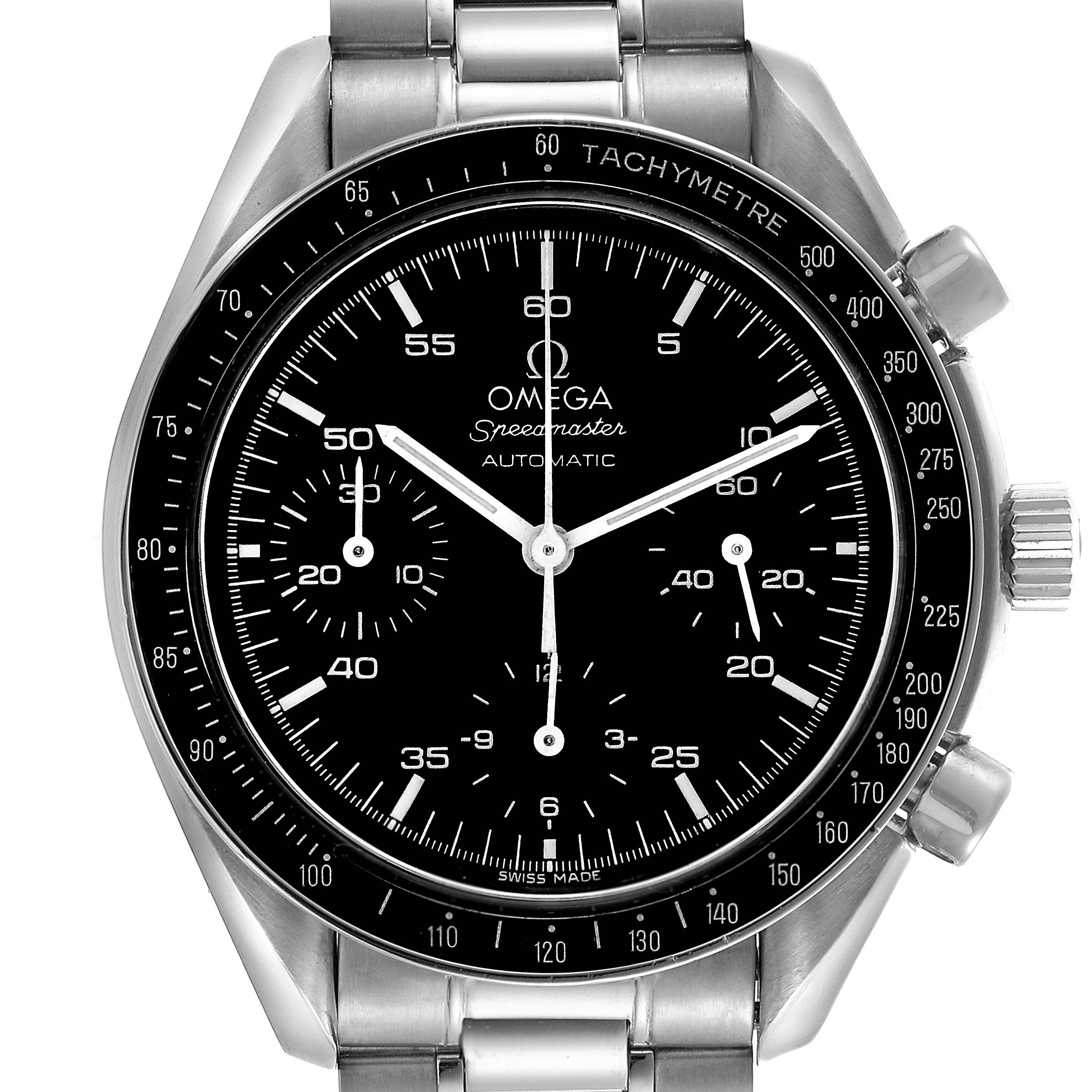 The Omega Speedmaster 3510.50.00 Men
s Stainless Steel Black Dial 3510.50.00 Men
s Stainless Steel Black Dial watch is shown from the front, highlighting its dial, bezel, and chronograph features.