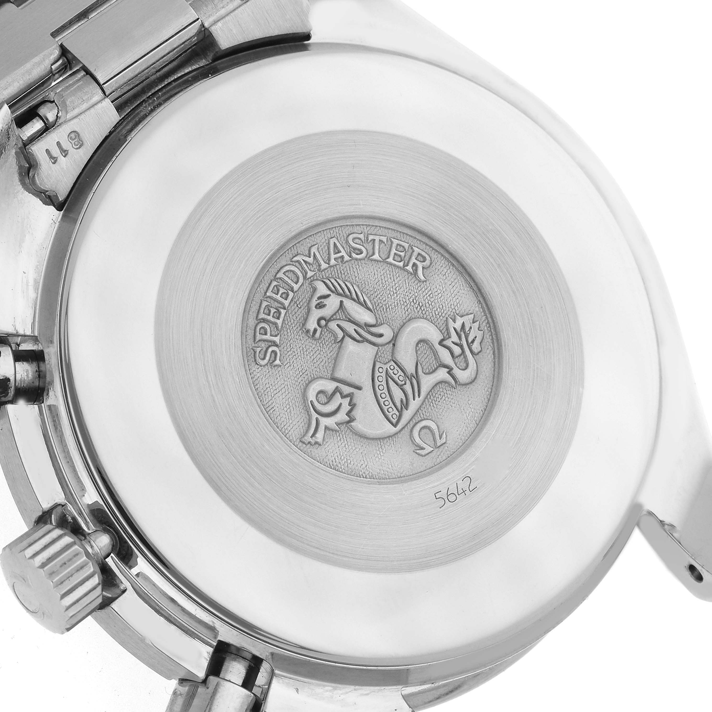 The image shows the back of the Omega Speedmaster 3510.50.00 Men
s Stainless Steel Black Dial 3510.50.00 Men
s Stainless Steel Black Dial watch, featuring its engraved emblem and case back detail.