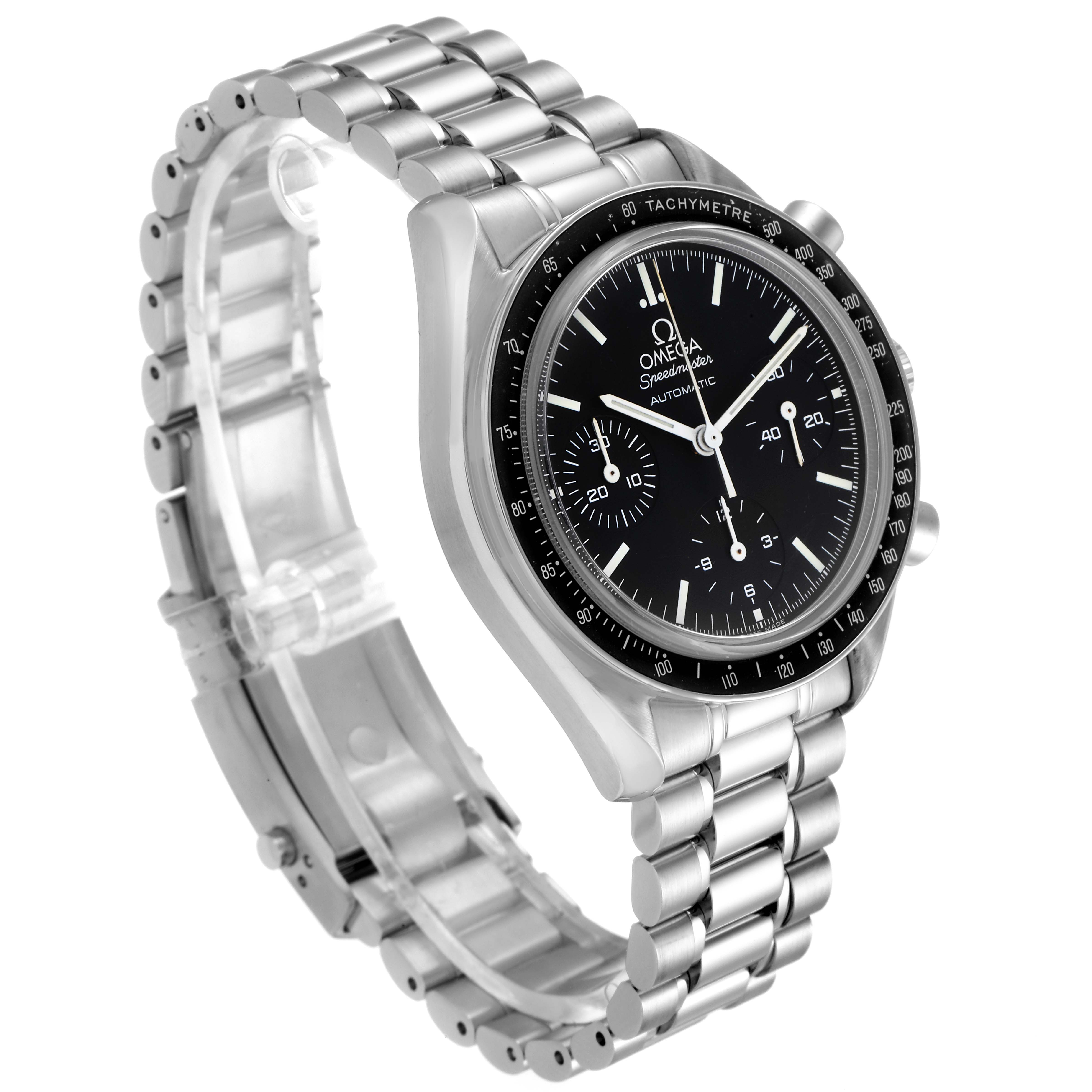 The Omega Speedmaster 3539.50.00 Men
s Stainless Steel Black Dial 3539.50.00 Men
s Stainless Steel Black Dial is shown at a slight angle, displaying the face, bezel, case, and stainless steel bracelet.