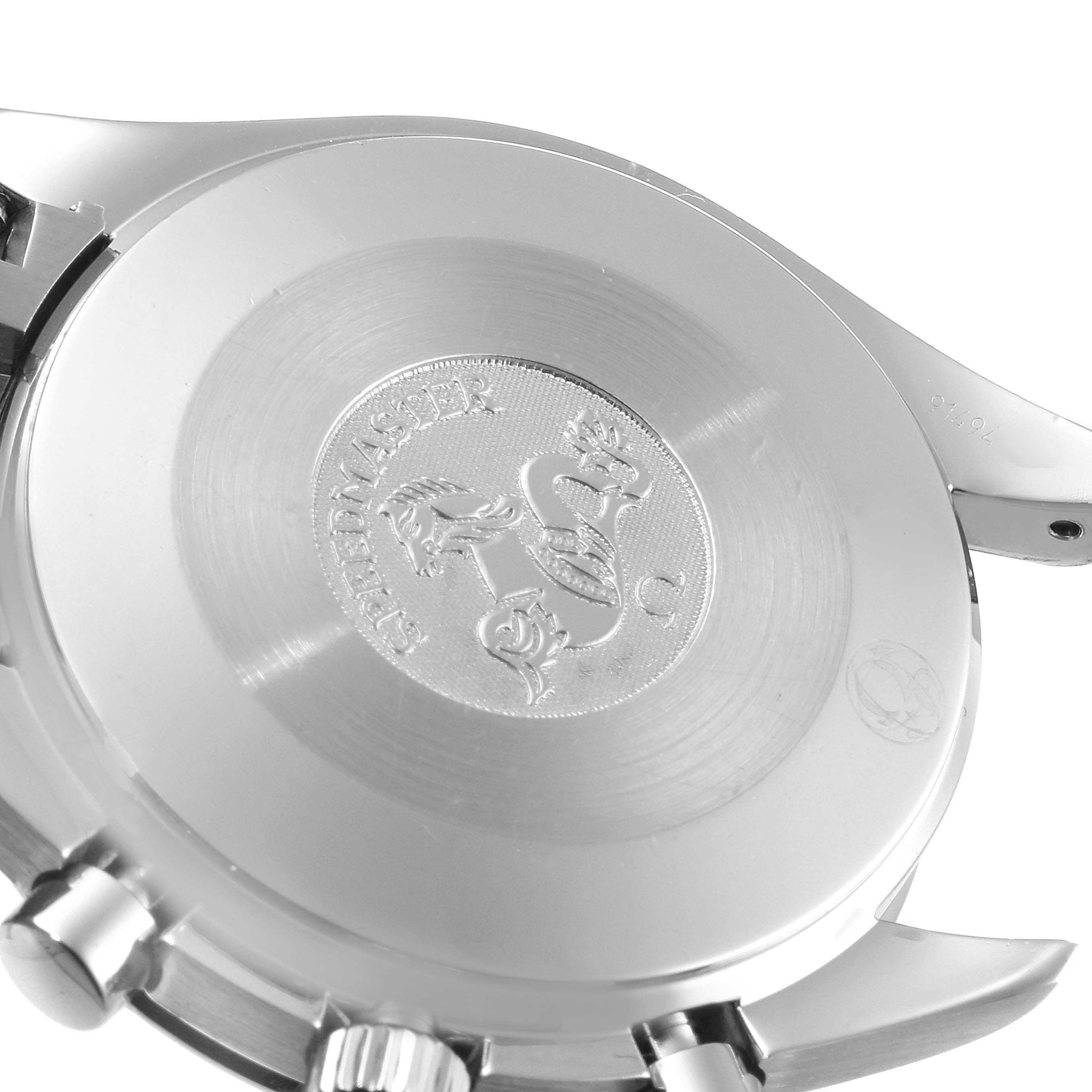 This image shows the backside of an Omega Speedmaster 3539.50.00 Men
s Stainless Steel Black Dial 3539.50.00 Men
s Stainless Steel Black Dial watch, highlighting its case back and engraving details.