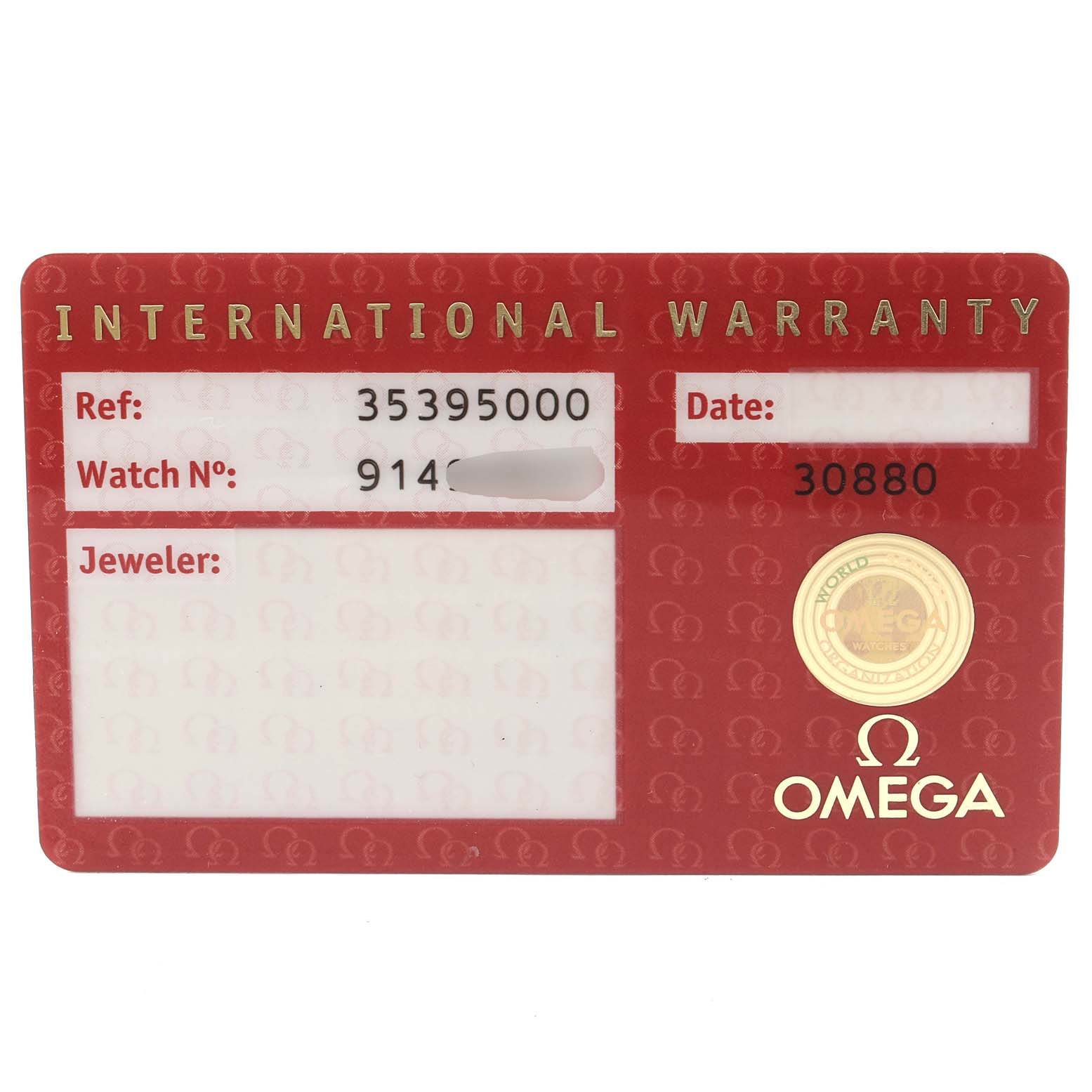 The image shows an Omega Speedmaster 3539.50.00 Men
s Stainless Steel Black Dial 3539.50.00 Men
s Stainless Steel Black Dial international warranty card with reference and serial numbers visible.