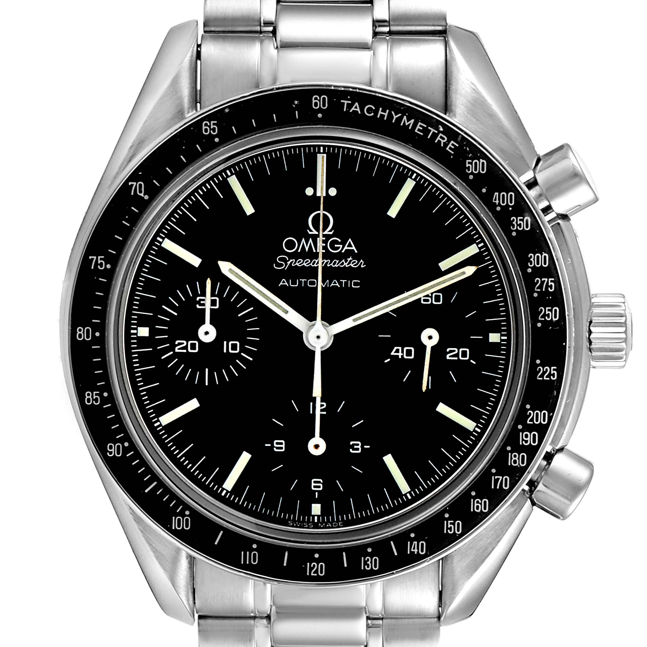 The Omega Speedmaster 3539.50.00 Men
s Stainless Steel Black Dial 3539.50.00 Men
s Stainless Steel Black Dial watch is shown from a front angle, highlighting its dial, tachymeter bezel, and stainless steel band.