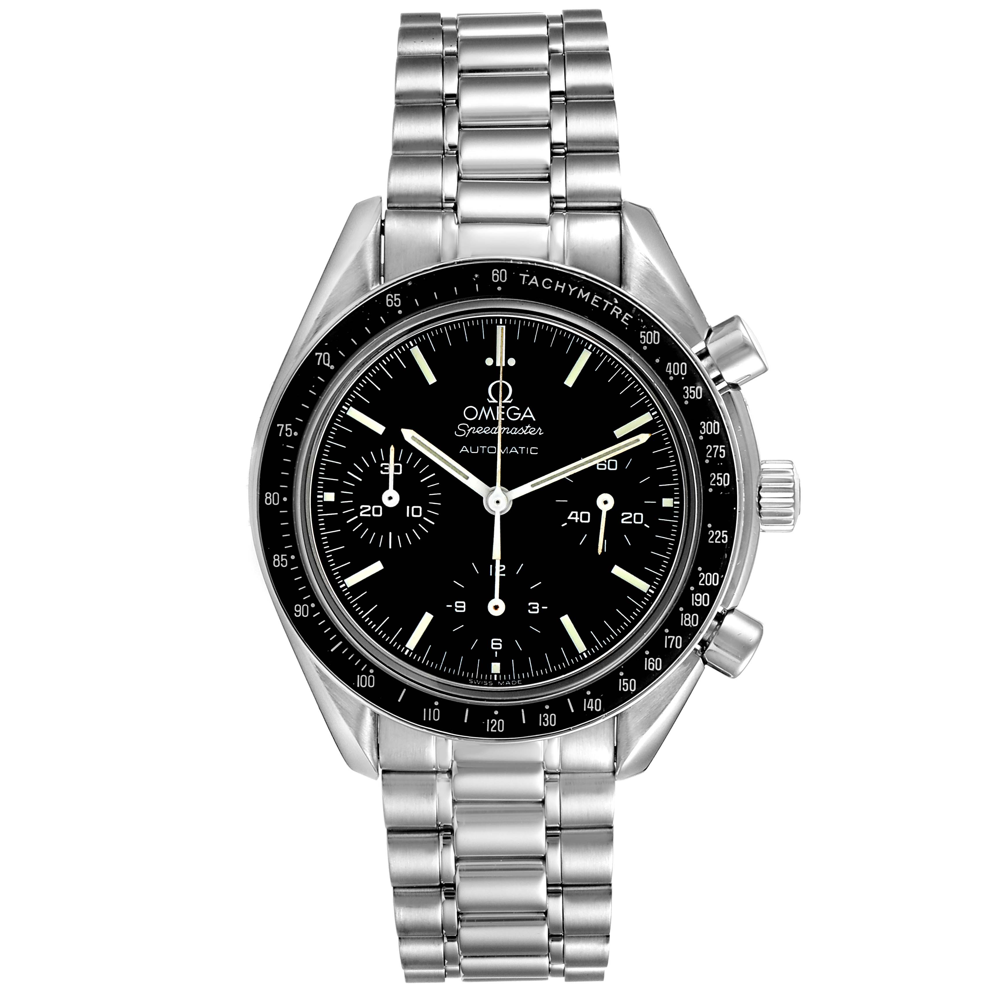 The image shows the front view of an Omega Speedmaster 3539.50.00 Men
s Stainless Steel Black Dial 3539.50.00 Men
s Stainless Steel Black Dial watch, displaying the black dial, tachymeter, and stainless steel bracelet.