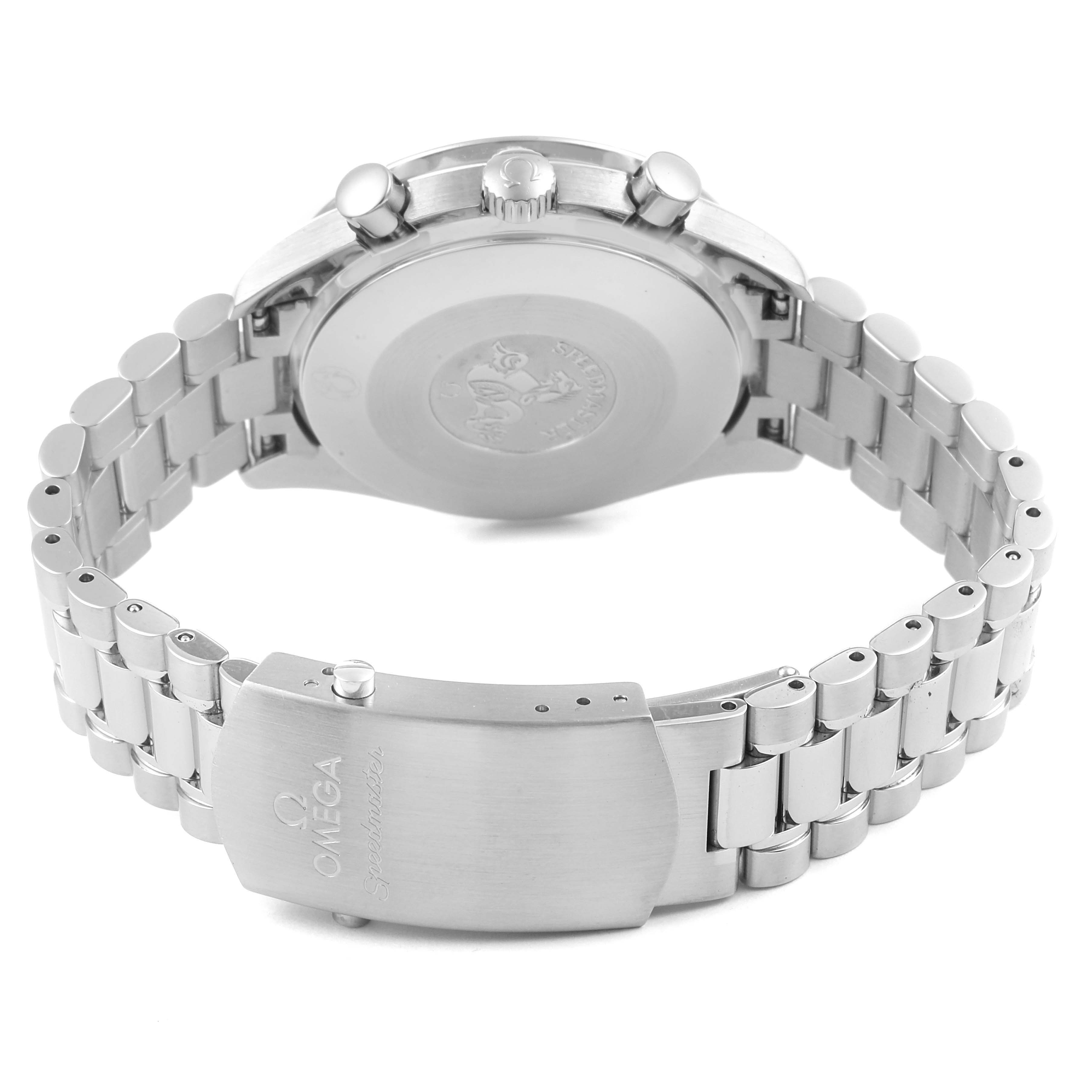 The image shows the backside and bracelet of an Omega Speedmaster 3539.50.00 Men
s Stainless Steel Black Dial 3539.50.00 Men
s Stainless Steel Black Dial watch from a slight angle.