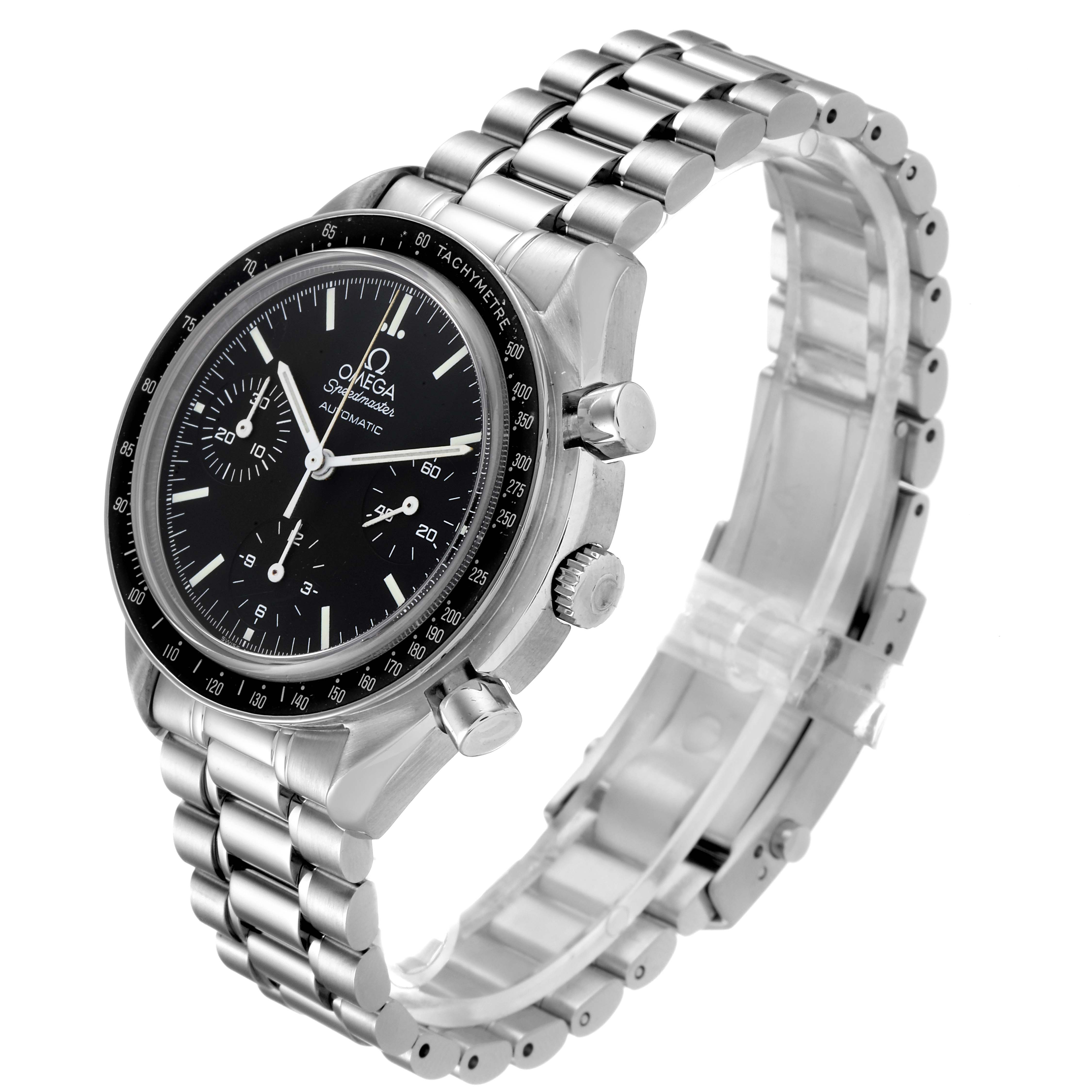 The image shows an Omega Speedmaster 3539.50.00 Men
s Stainless Steel Black Dial 3539.50.00 Men
s Stainless Steel Black Dial watch at a three-quarter angle, highlighting its face, bezel, crown, pushers, and bracelet.