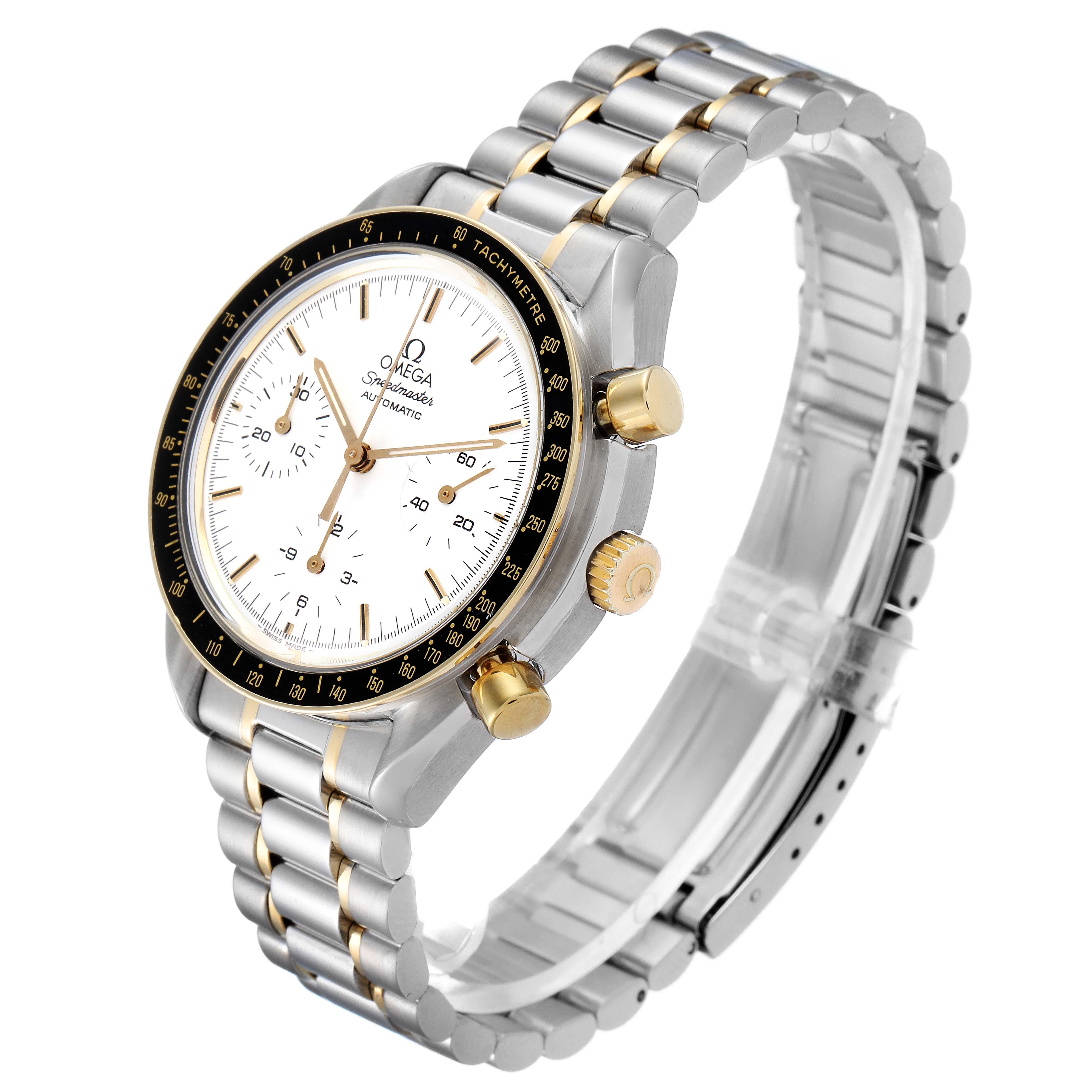 The Omega Speedmaster 3310.20.00 Men's Steel and Gold (two tone) White Dial 3310.20.00 Men's Steel and Gold (two tone) White Dial watch is shown at an angle displaying the dial, bezel, crown, pushers, and two-tone bracelet.