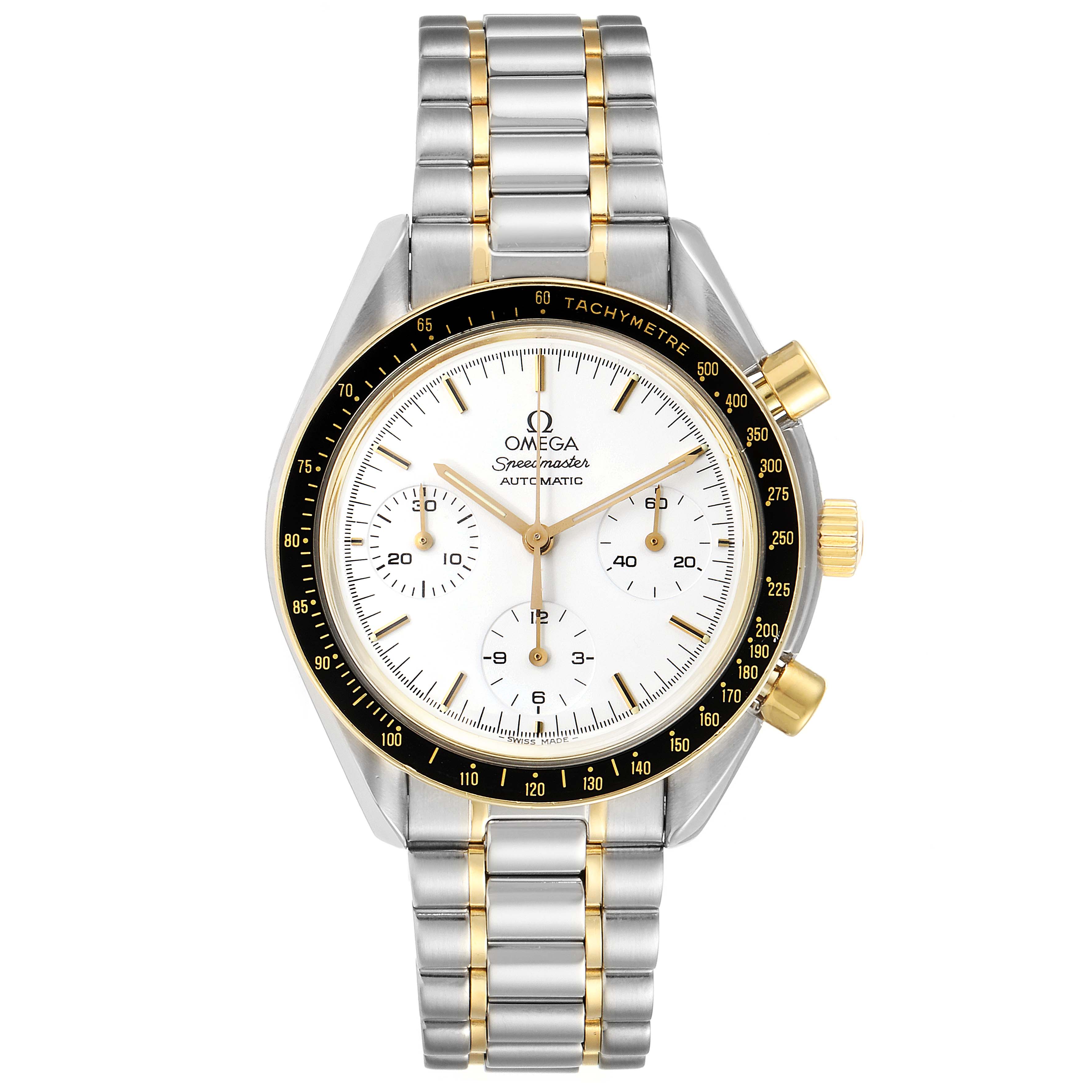 The image shows a frontal view of an Omega Speedmaster 3310.20.00 Men's Steel and Gold (two tone) White Dial 3310.20.00 Men's Steel and Gold (two tone) White Dial watch featuring a stainless steel and gold bracelet, tachymeter, and subdials.