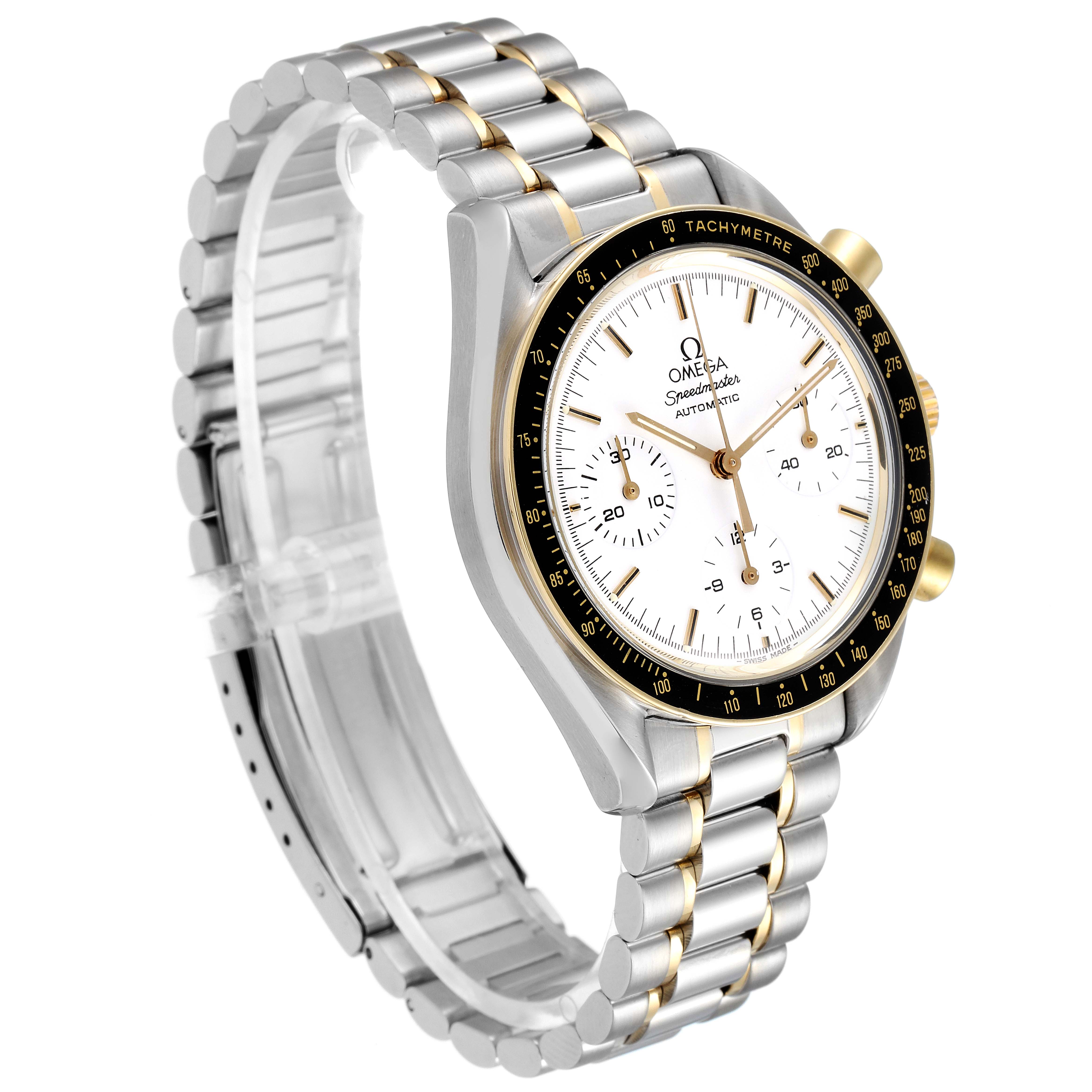 The Omega Speedmaster 3310.20.00 Men's Steel and Gold (two tone) White Dial 3310.20.00 Men's Steel and Gold (two tone) White Dial watch is shown at an angle highlighting the face, bezel, and two-tone bracelet.