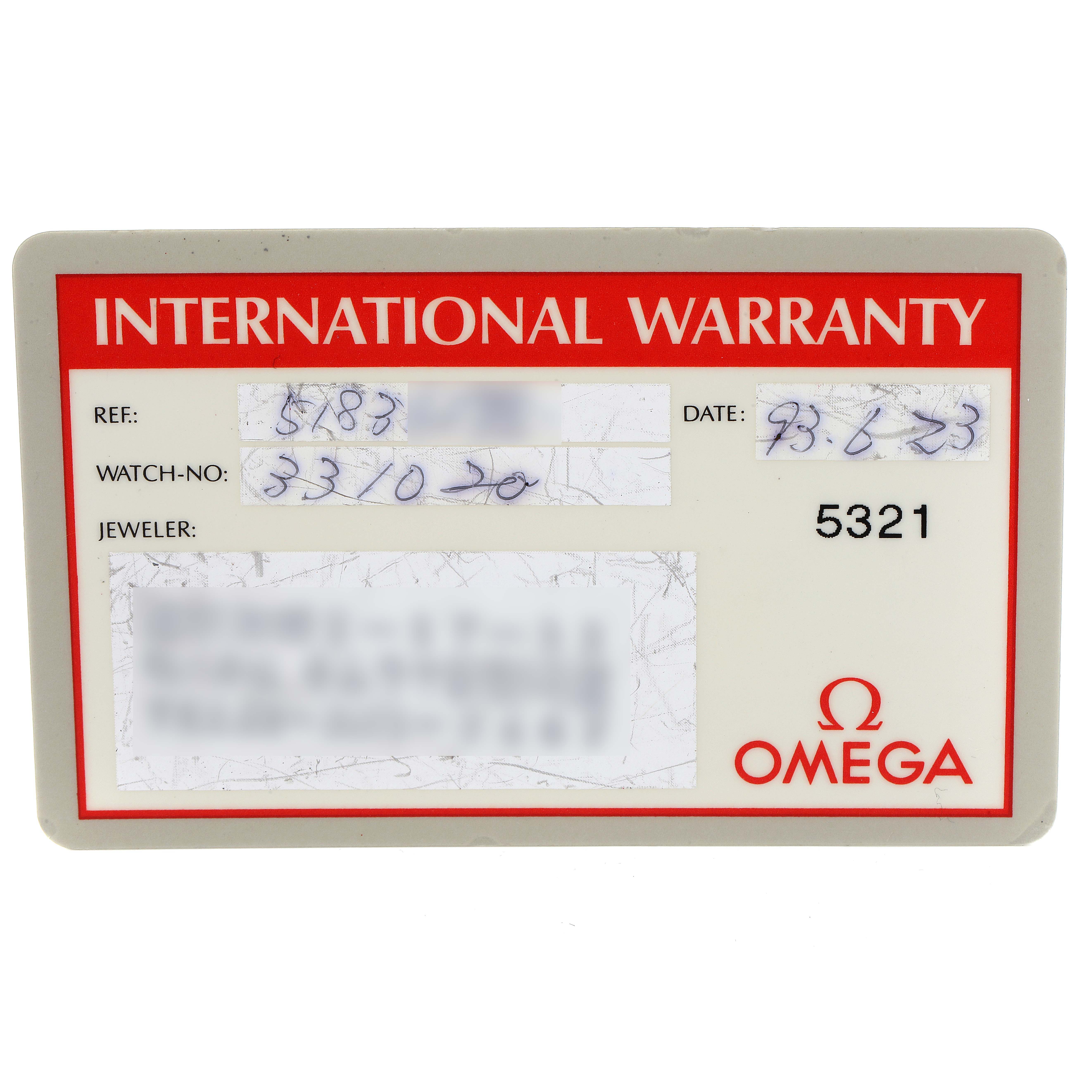 This image shows the international warranty card for the Omega Speedmaster 3310.20.00 Men's Steel and Gold (two tone) White Dial 3310.20.00 Men's Steel and Gold (two tone) White Dial watch.