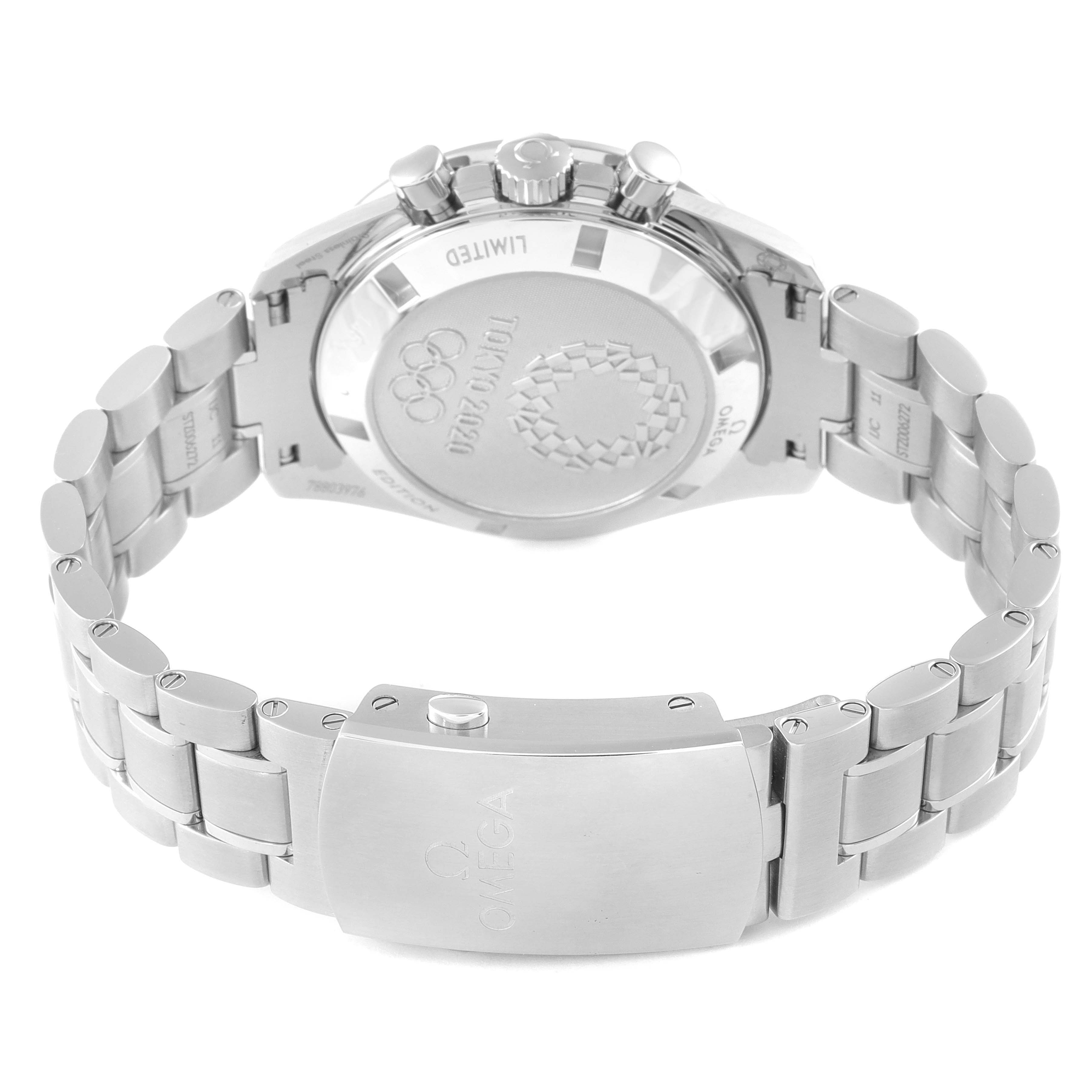 The image shows the back case and bracelet of an Omega Speedmaster 522.30.42.30.03.001 Men's Stainless Steel Blue Dial 522.30.42.30.03.001 Men's Stainless Steel Blue Dial, including the clasp and caseback engravings.