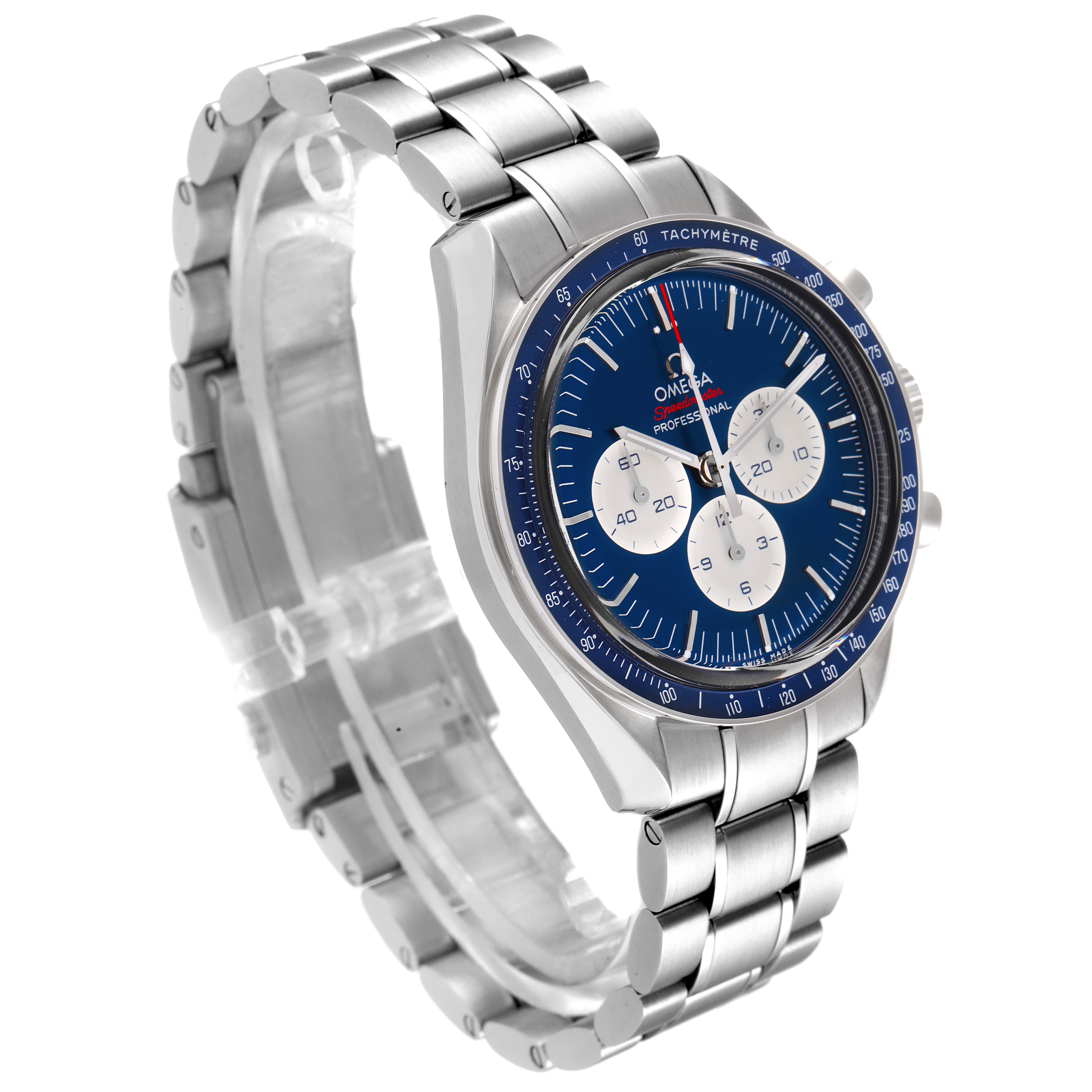 The image shows an Omega Speedmaster 522.30.42.30.03.001 Men's Stainless Steel Blue Dial 522.30.42.30.03.001 Men's Stainless Steel Blue Dial watch at an angled view, highlighting the face and stainless steel bracelet.