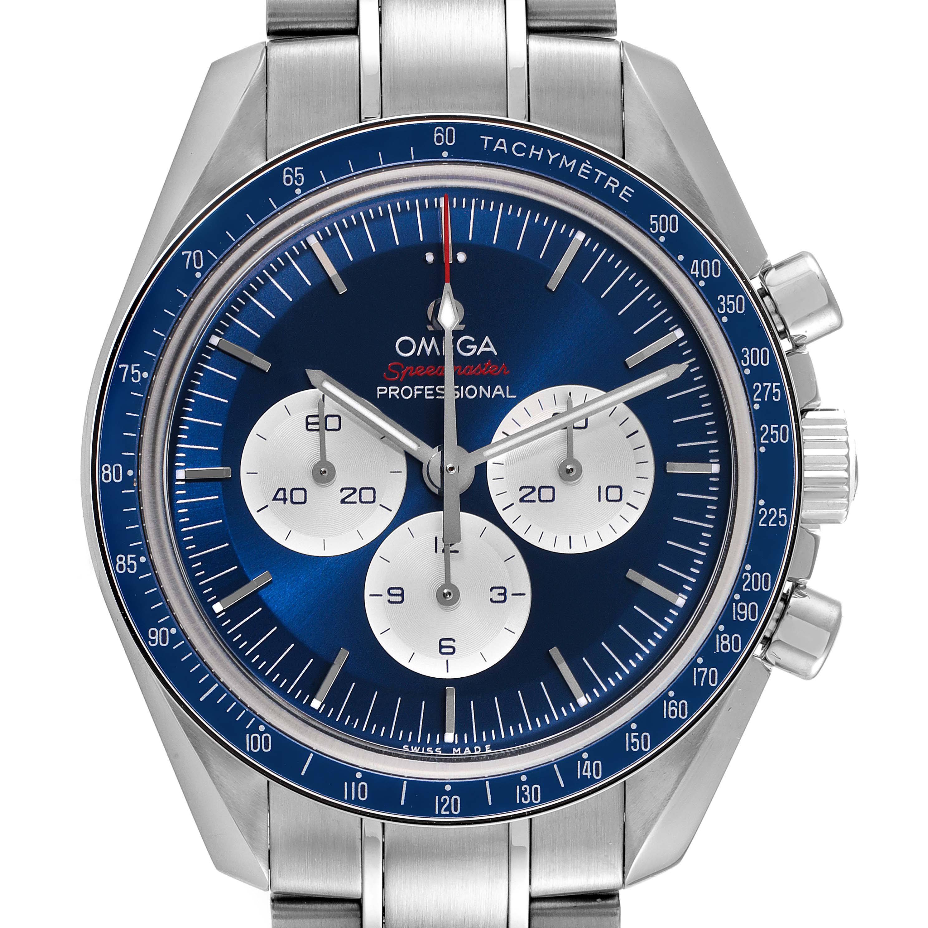 The Omega Speedmaster 522.30.42.30.03.001 Men's Stainless Steel Blue Dial 522.30.42.30.03.001 Men's Stainless Steel Blue Dial watch is shown from a front angle, highlighting its blue dial, tachymeter bezel, and chronograph sub-dials.