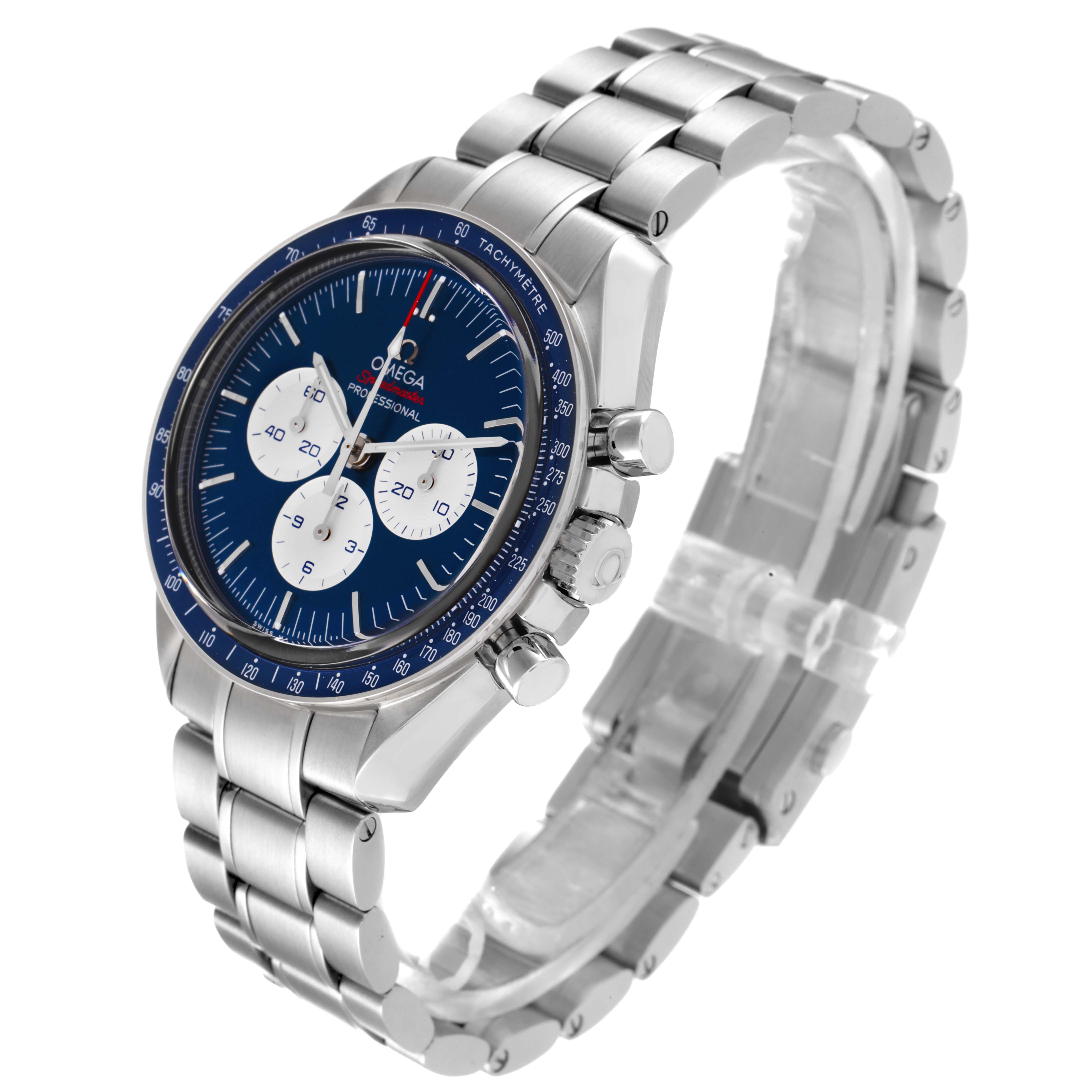 The Omega Speedmaster 522.30.42.30.03.001 Men's Stainless Steel Blue Dial 522.30.42.30.03.001 Men's Stainless Steel Blue Dial watch is shown at a three-quarter angle, displaying its dial, bezel, crown, pushers, and bracelet.