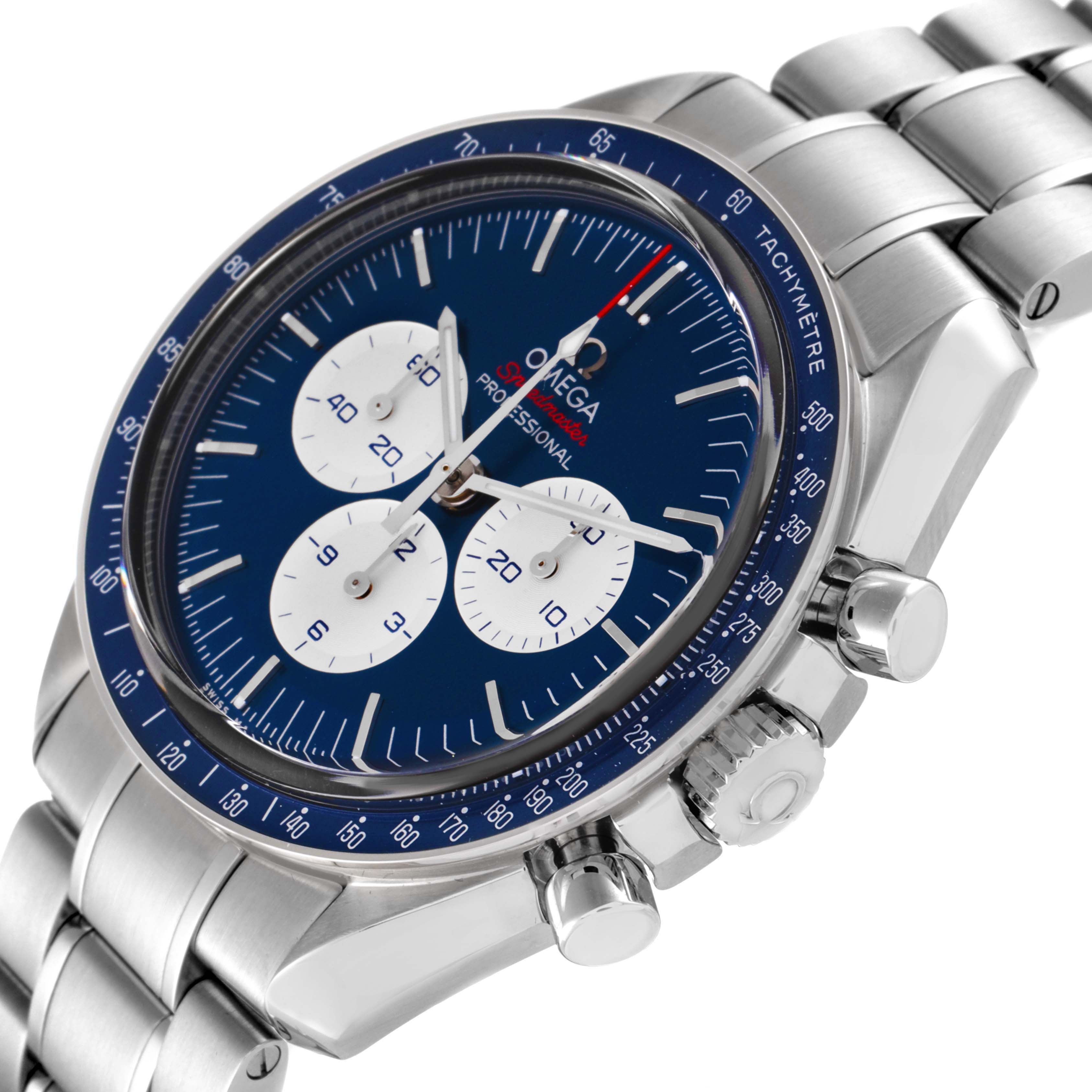 The Omega Speedmaster 522.30.42.30.03.001 Men's Stainless Steel Blue Dial 522.30.42.30.03.001 Men's Stainless Steel Blue Dial watch is shown at an angle, highlighting its dial, bezel, crown, pushers, and bracelet.