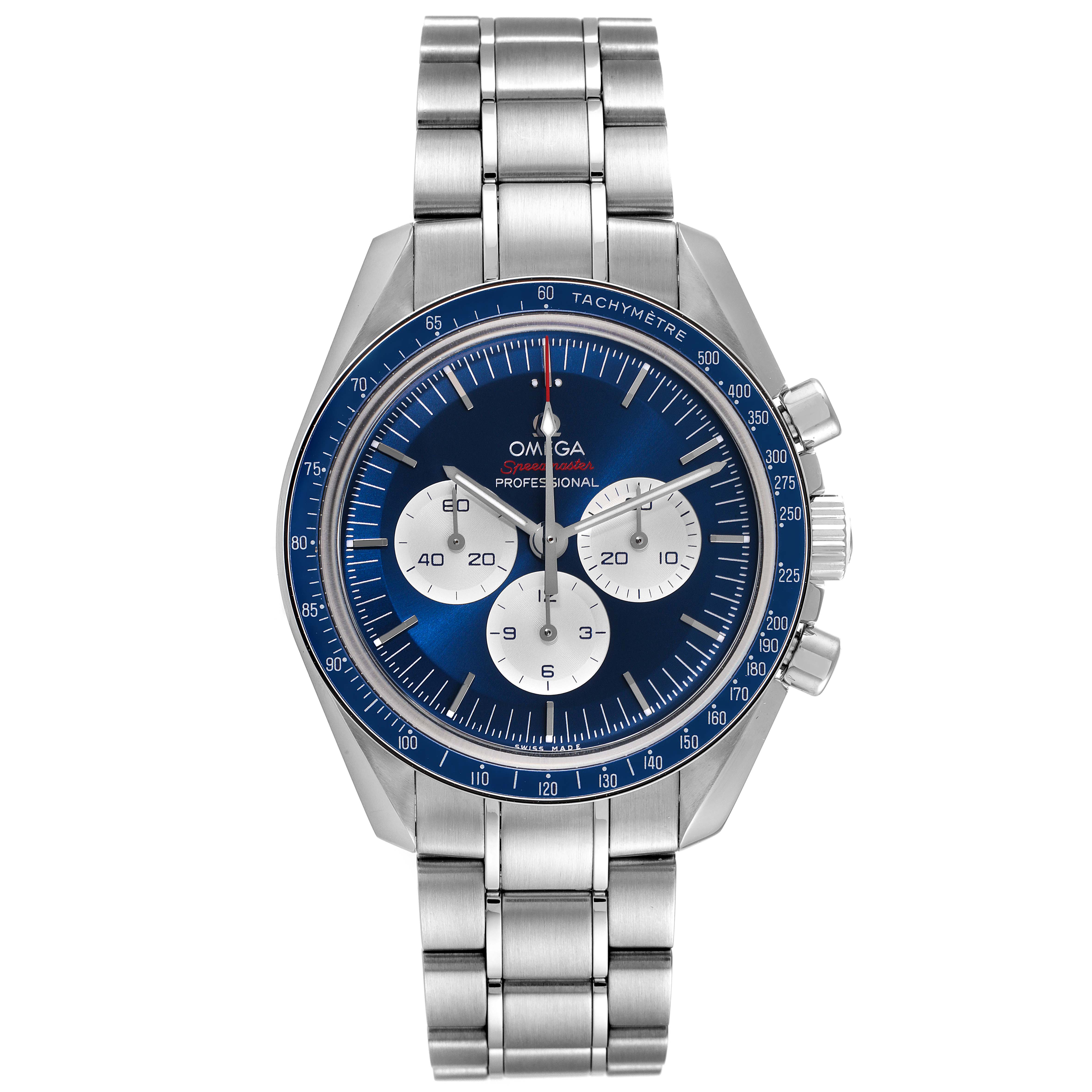 This image shows a front view of an Omega Speedmaster 522.30.42.30.03.001 Men's Stainless Steel Blue Dial 522.30.42.30.03.001 Men's Stainless Steel Blue Dial watch with a blue dial and stainless steel bracelet.