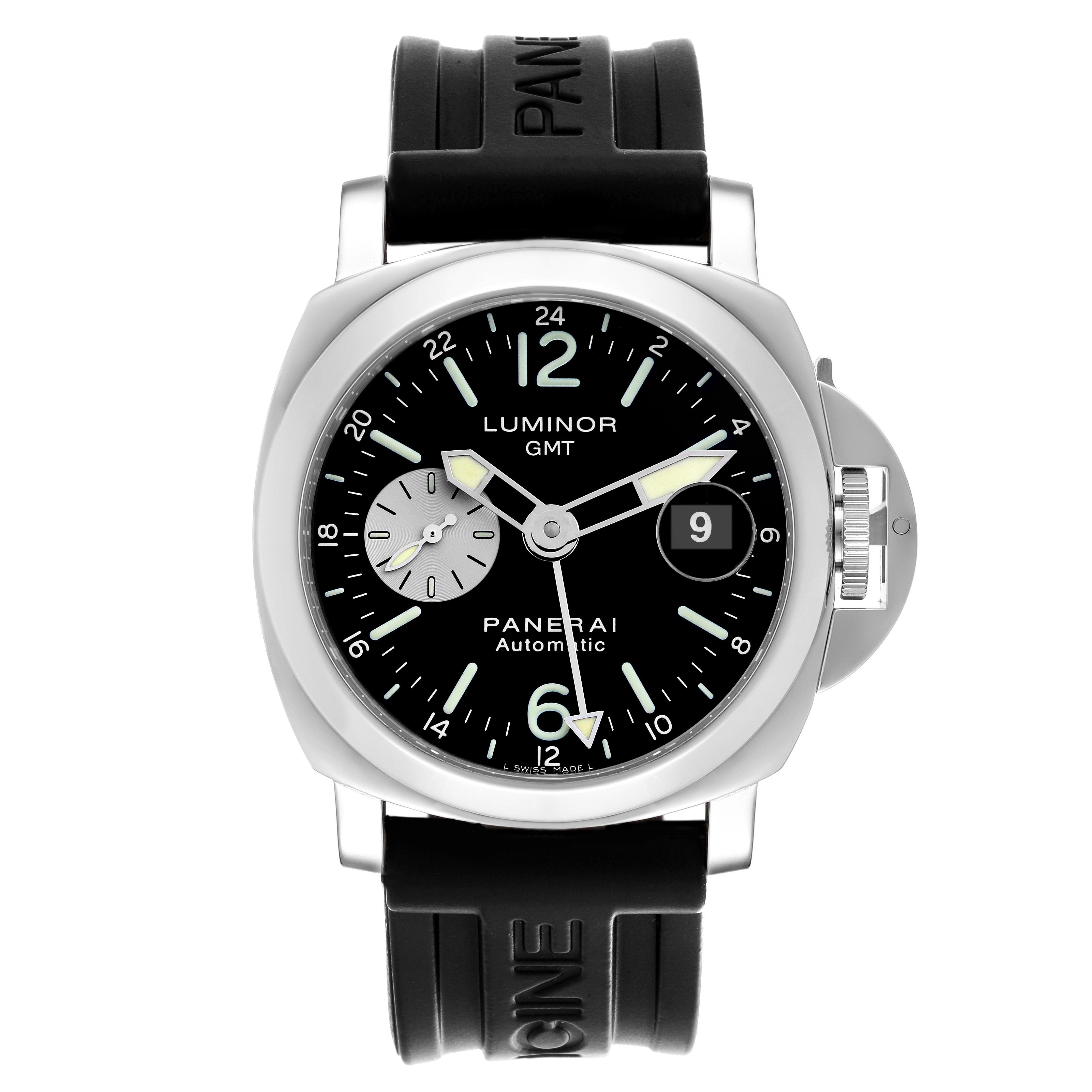 The Panerai Luminor PAM00088 Men's Stainless Steel Black Dial PAM00088 Men's Stainless Steel Black Dial watch is shown from a front angle, displaying the case, dial, hands, and rubber strap.