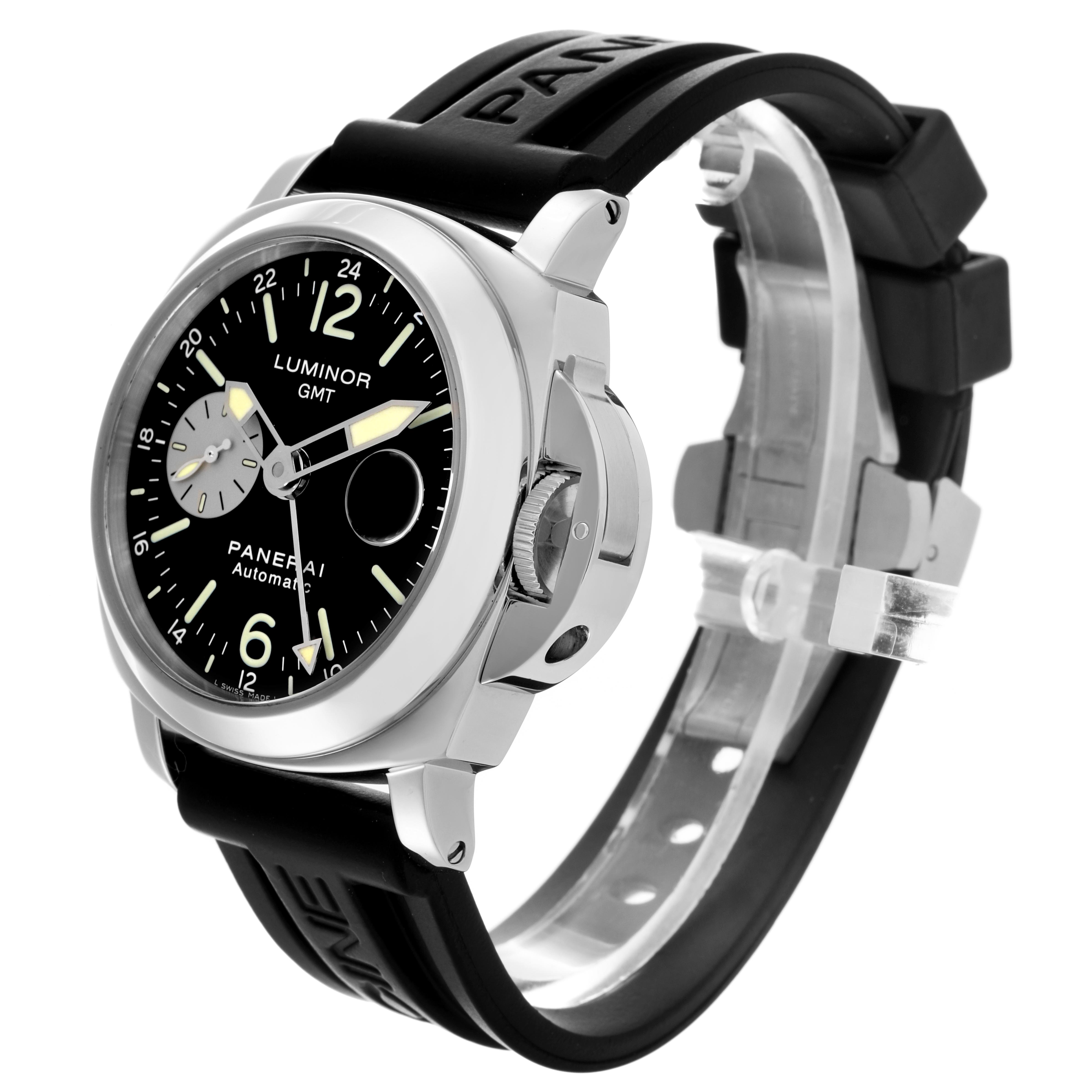 The Panerai Luminor PAM00088 Men's Stainless Steel Black Dial PAM00088 Men's Stainless Steel Black Dial watch is shown at a three-quarter angle, highlighting the dial, case, crown guard, and rubber strap.
