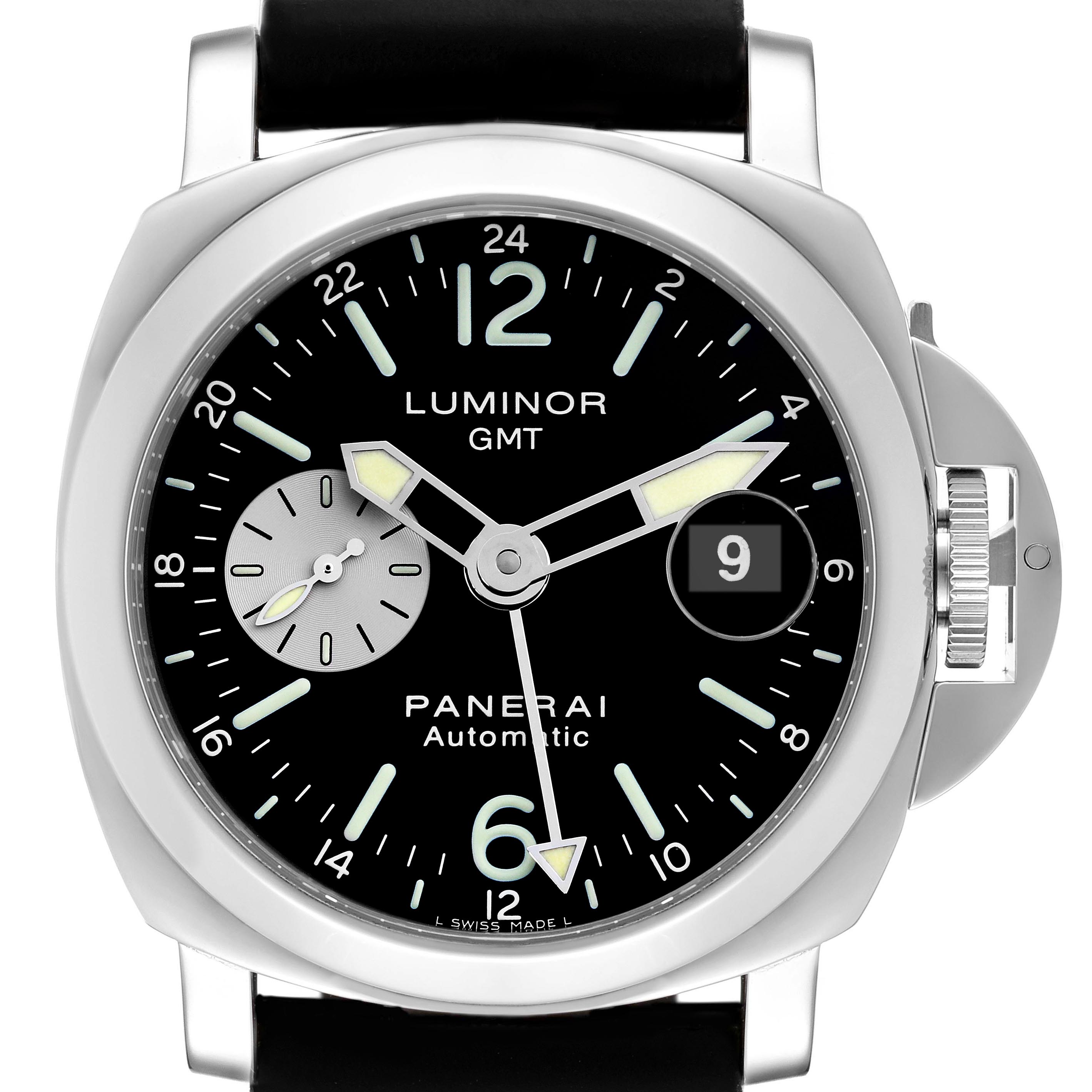The image shows a front view of the Panerai Luminor PAM00088 Men's Stainless Steel Black Dial PAM00088 Men's Stainless Steel Black Dial watch, displaying its dial, hands, indices, date, and crown guard.