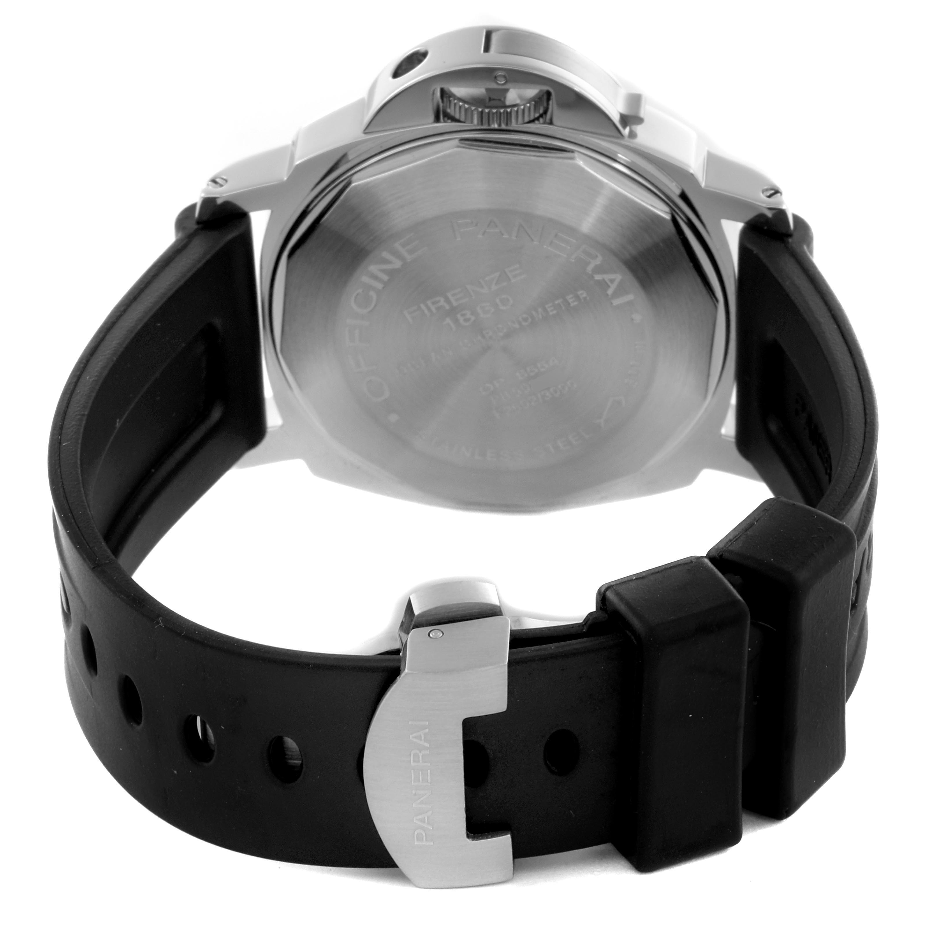 The image shows the back of a Panerai Luminor PAM00088 Men's Stainless Steel Black Dial PAM00088 Men's Stainless Steel Black Dial watch, focusing on the case back, crown, and black strap with clasp.