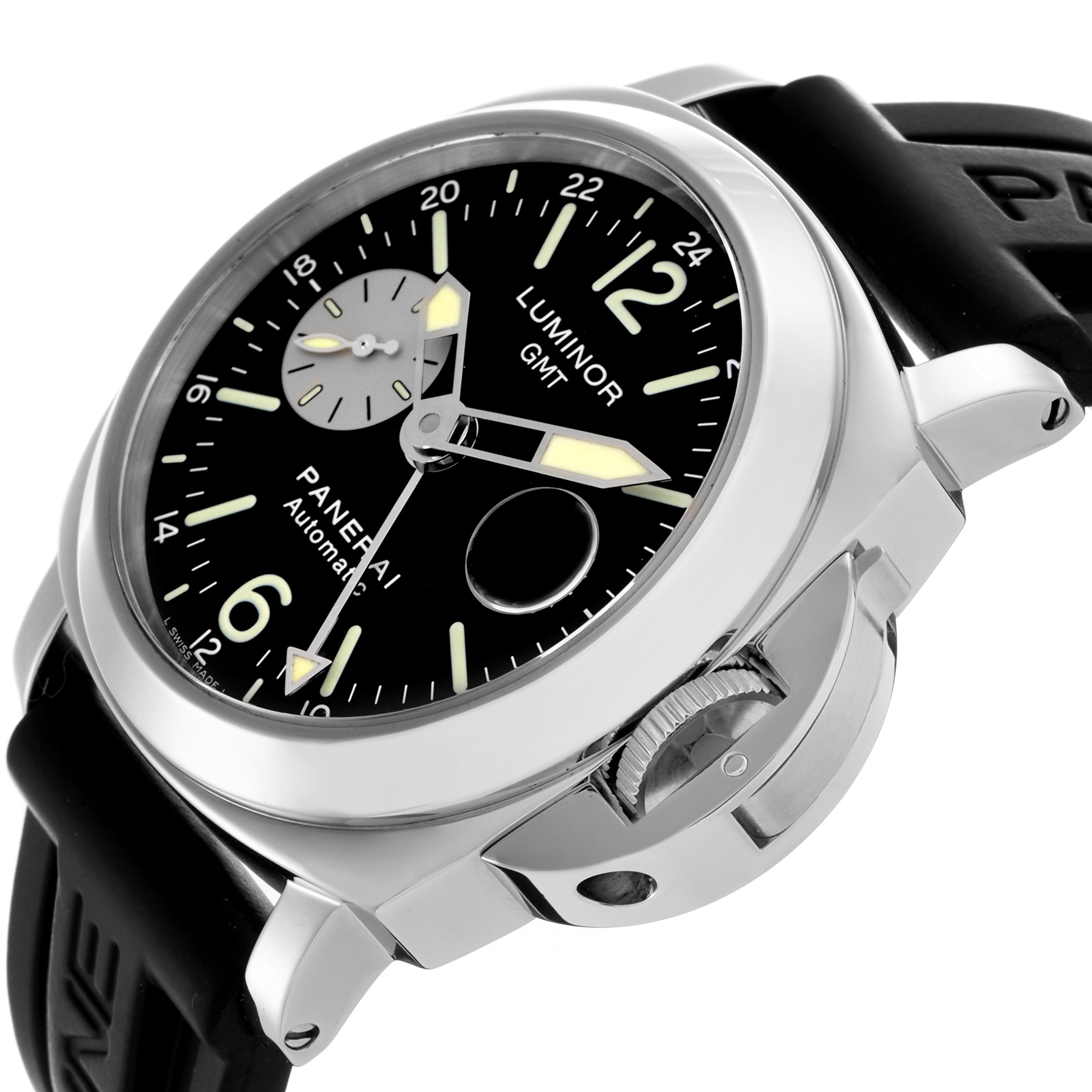 The Panerai Luminor PAM00088 Men's Stainless Steel Black Dial PAM00088 Men's Stainless Steel Black Dial watch is shown from a side angle, displaying its dial, bezel, crown guard, and rubber strap.