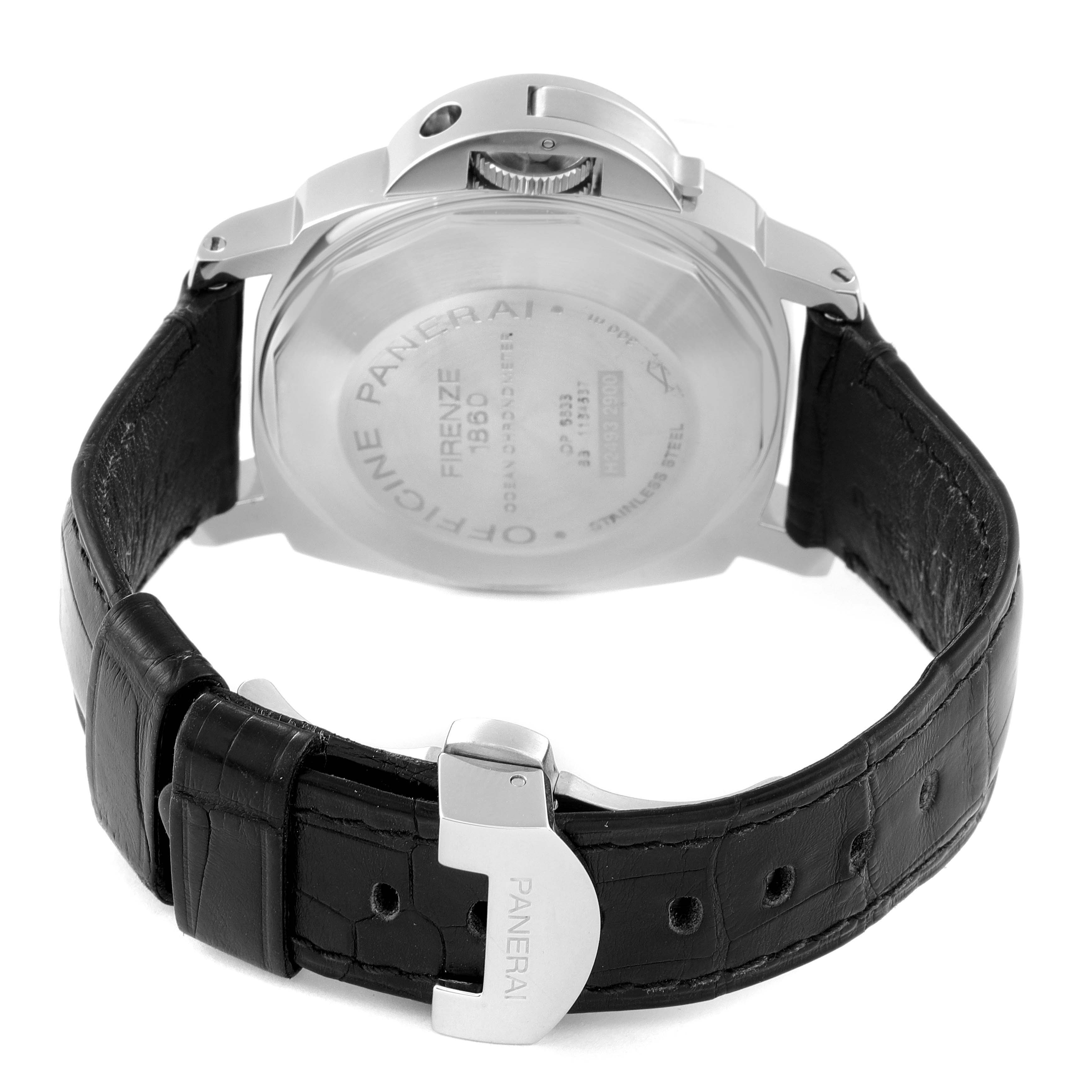 The image shows the back and clasp of a Panerai Luminor PAM00088 Men
s Stainless Steel Black Dial PAM00088 Men
s Stainless Steel Black Dial watch, highlighting its case back and leather strap with Panerai branding.