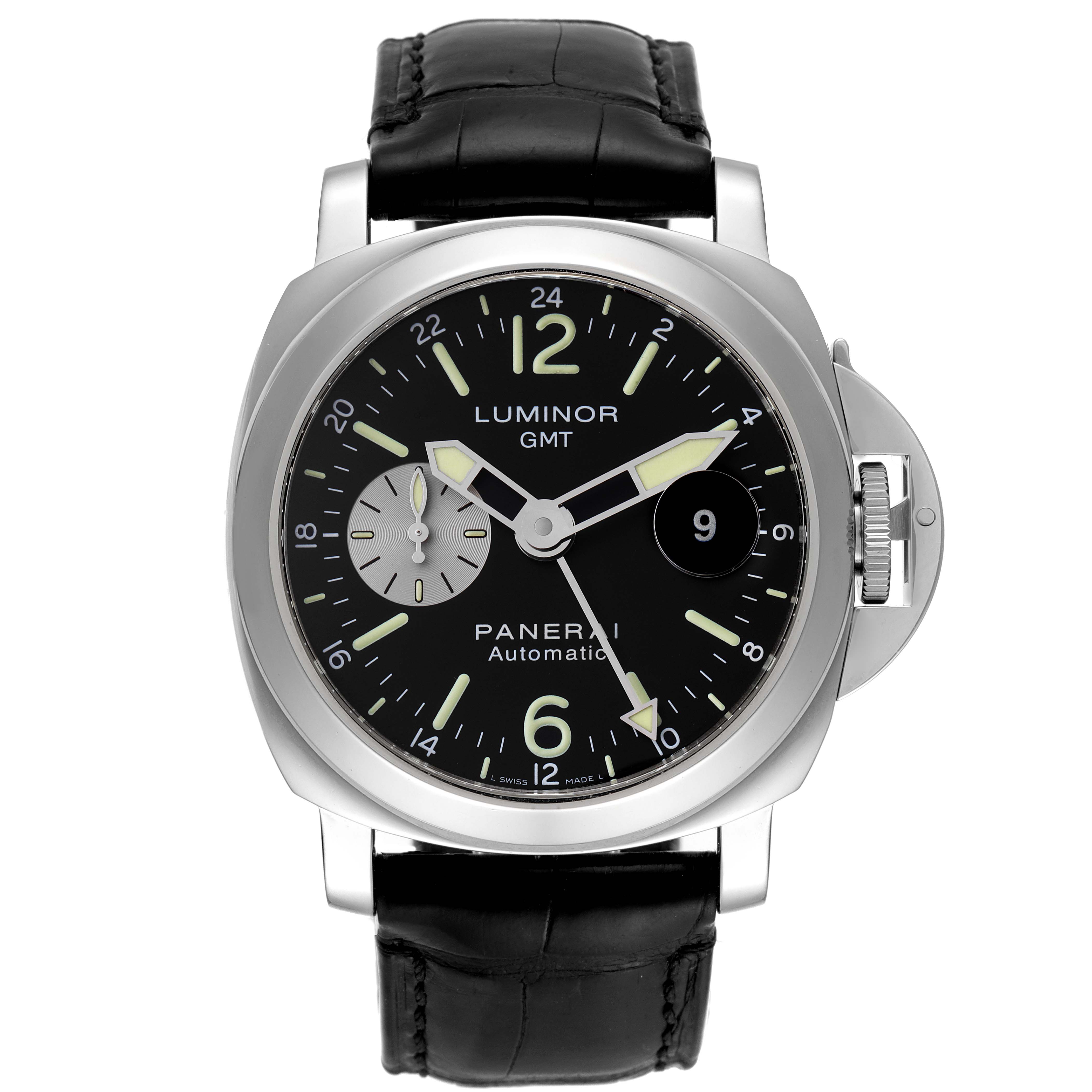 This image shows a front view of a Panerai Luminor PAM00088 Men
s Stainless Steel Black Dial PAM00088 Men
s Stainless Steel Black Dial GMT Automatic watch, highlighting its dial, crown guard, and leather strap.