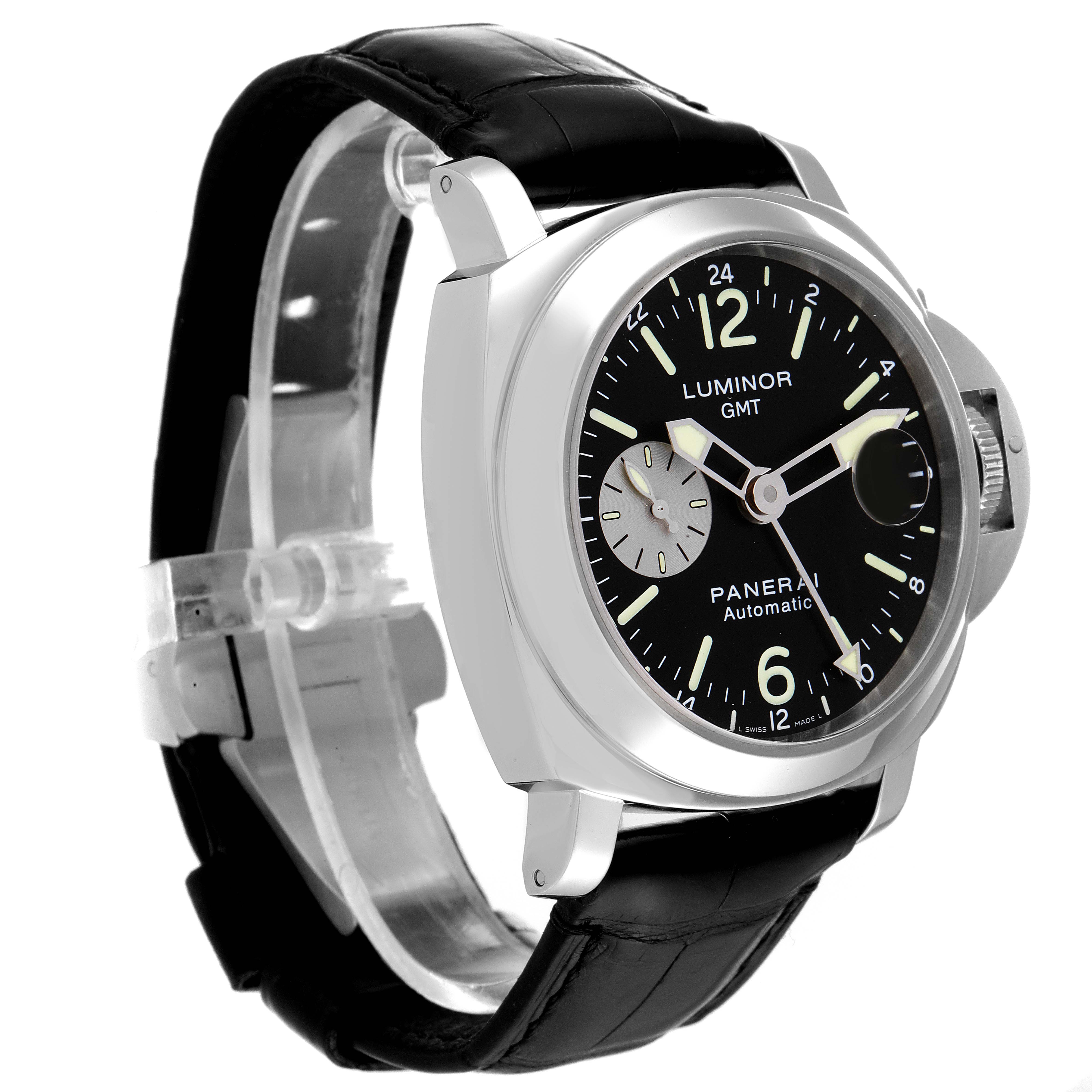 This image shows a Panerai Luminor PAM00088 Men
s Stainless Steel Black Dial PAM00088 Men
s Stainless Steel Black Dial watch angled from the front-left, highlighting the dial, case, and leather strap.