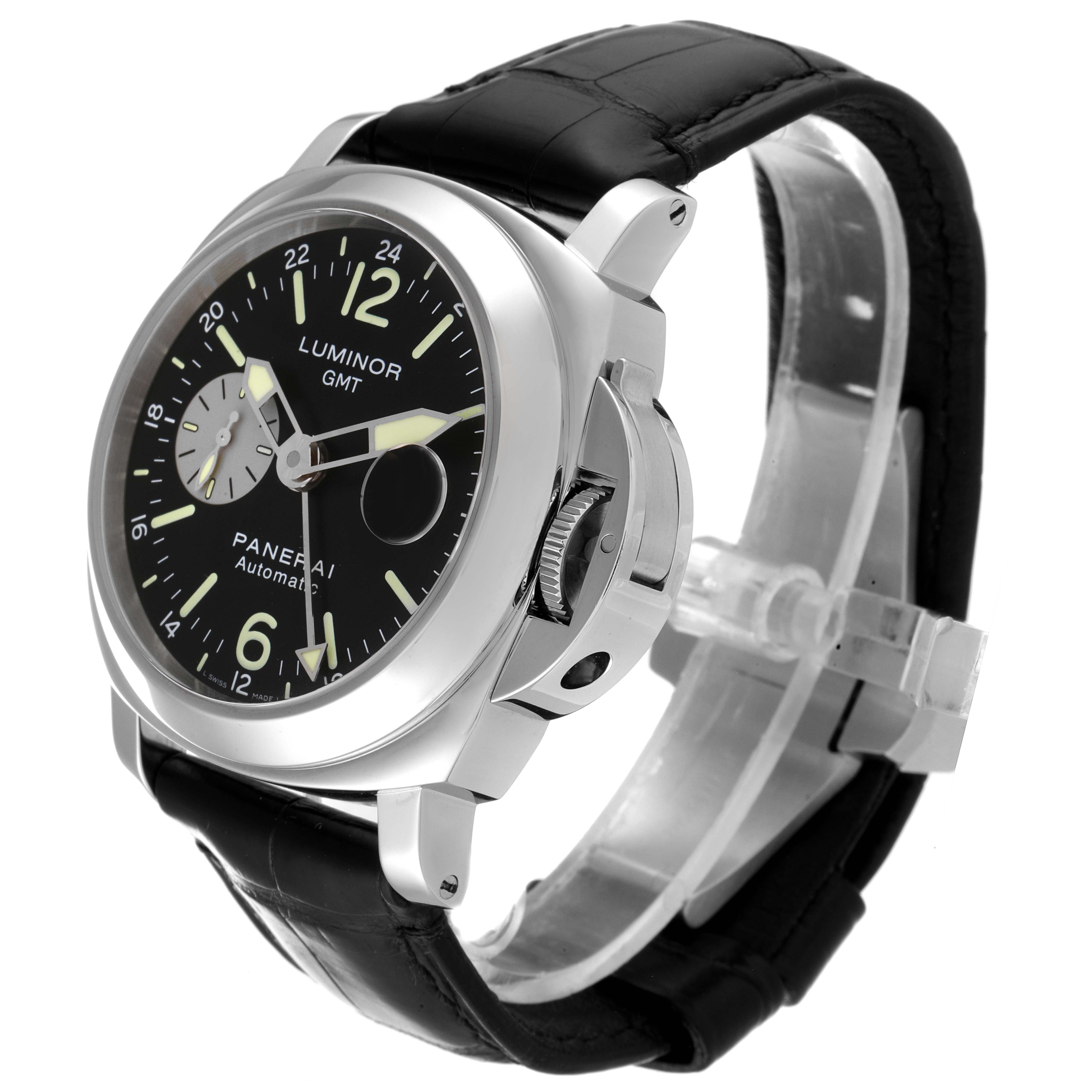 The image shows a Panerai Luminor PAM00088 Men
s Stainless Steel Black Dial PAM00088 Men
s Stainless Steel Black Dial GMT watch at a three-quarter angle, highlighting its face, crown, and black leather strap.