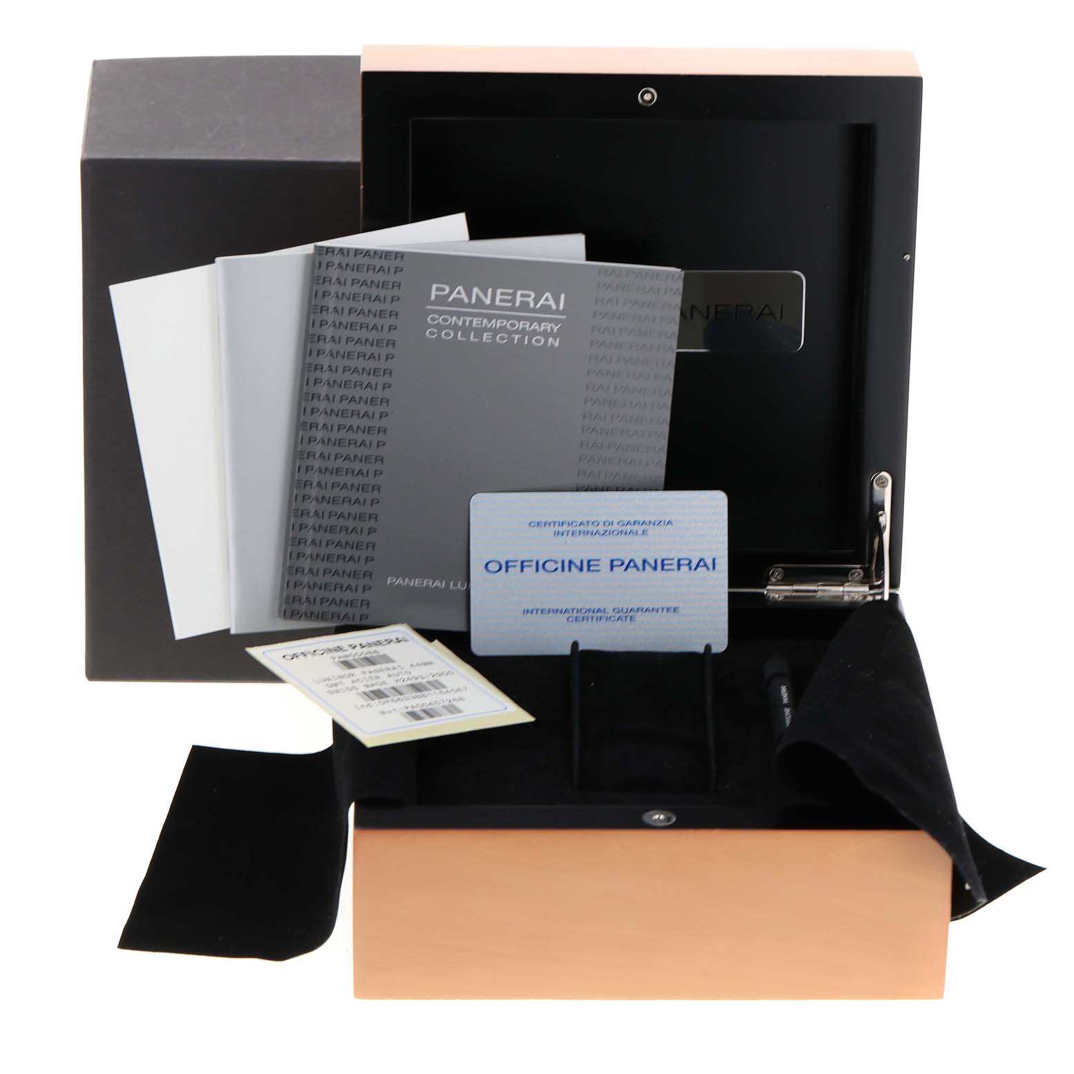 The image displays the accessories and packaging for a Panerai Luminor PAM00088 Men
s Stainless Steel Black Dial PAM00088 Men
s Stainless Steel Black Dial watch, including manuals, warranty cards, and a box.