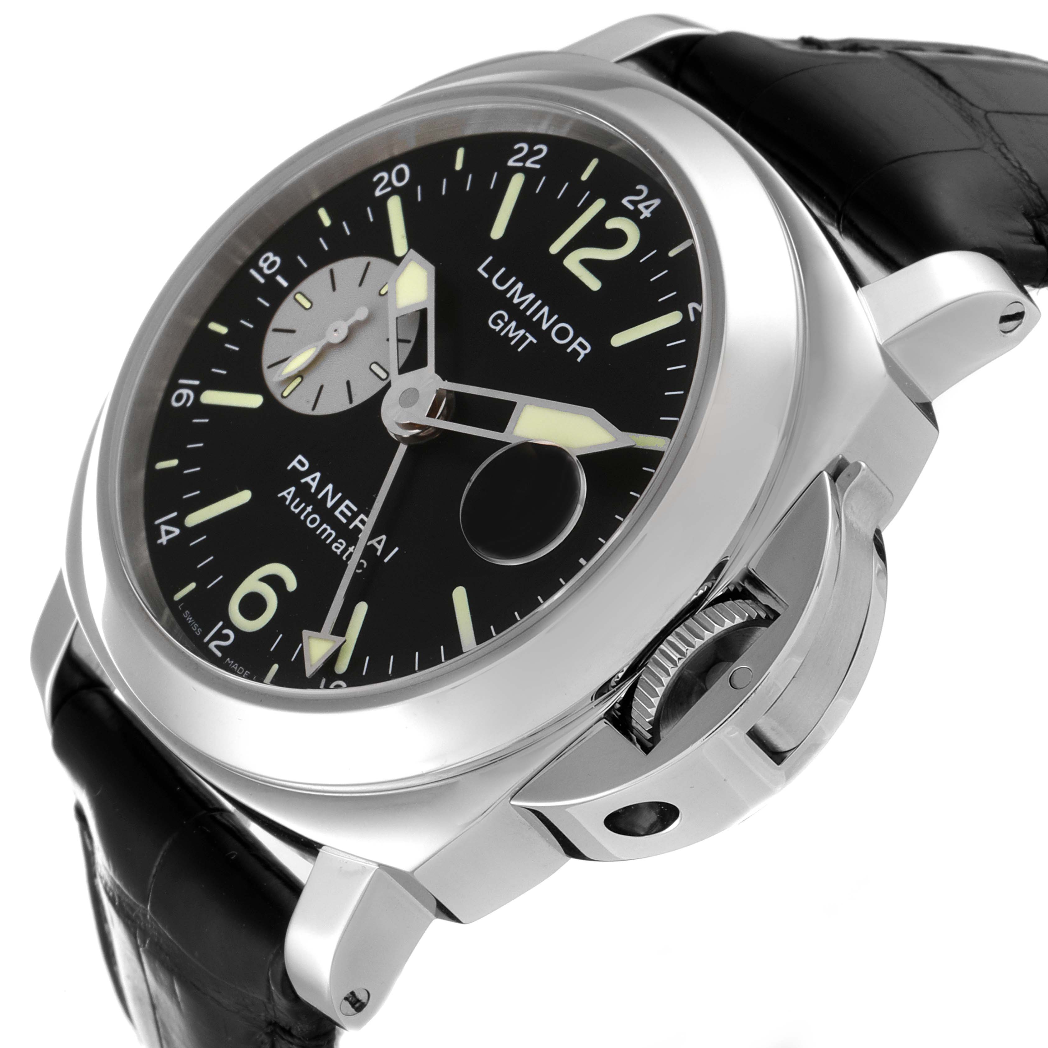 The Panerai Luminor PAM00088 Men
s Stainless Steel Black Dial PAM00088 Men
s Stainless Steel Black Dial watch is shown from an oblique angle, highlighting its crown guard, dial, and strap.