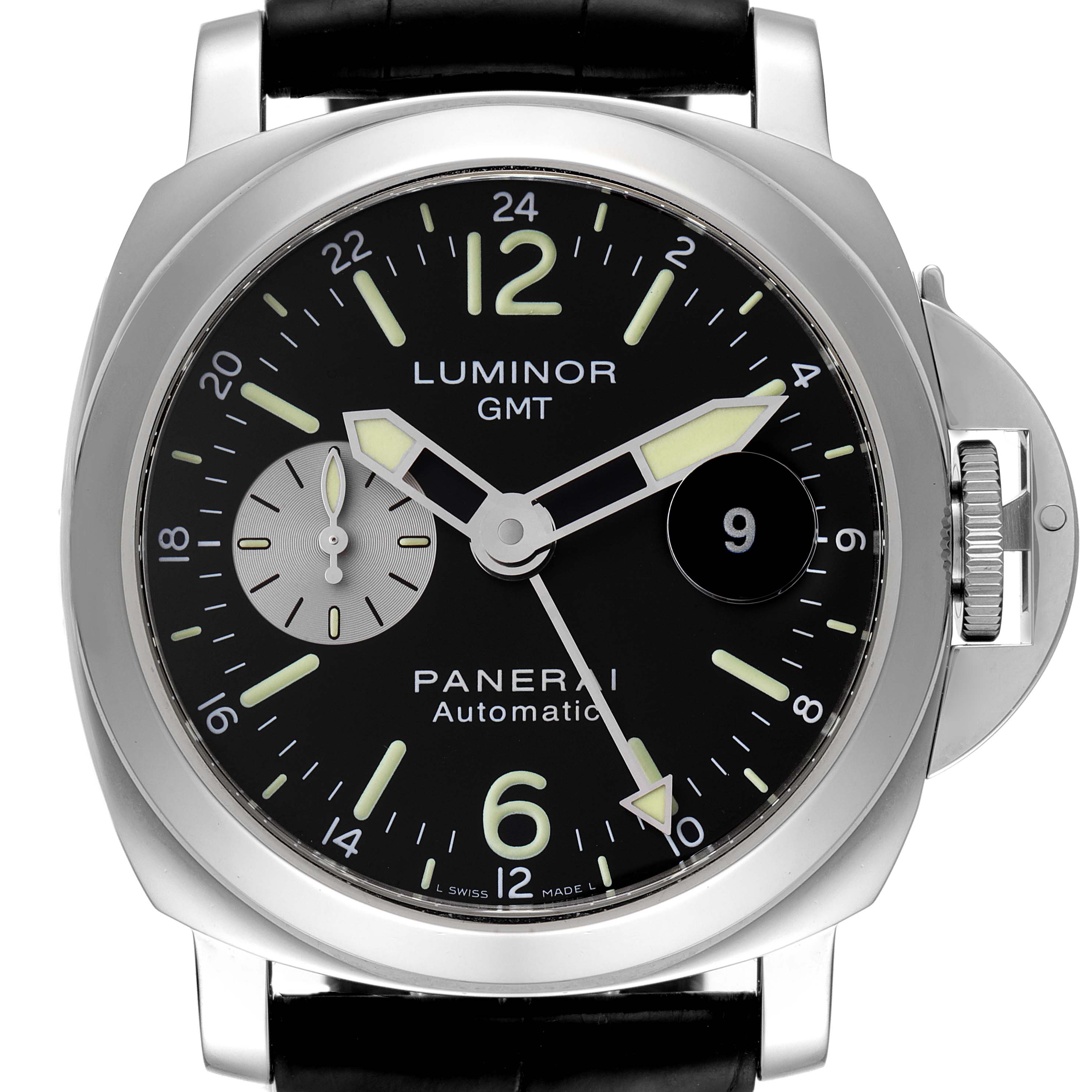 The image shows a front view of a Panerai Luminor PAM00088 Men
s Stainless Steel Black Dial PAM00088 Men
s Stainless Steel Black Dial GMT watch, highlighting the dial, hour markers, and crown guard.