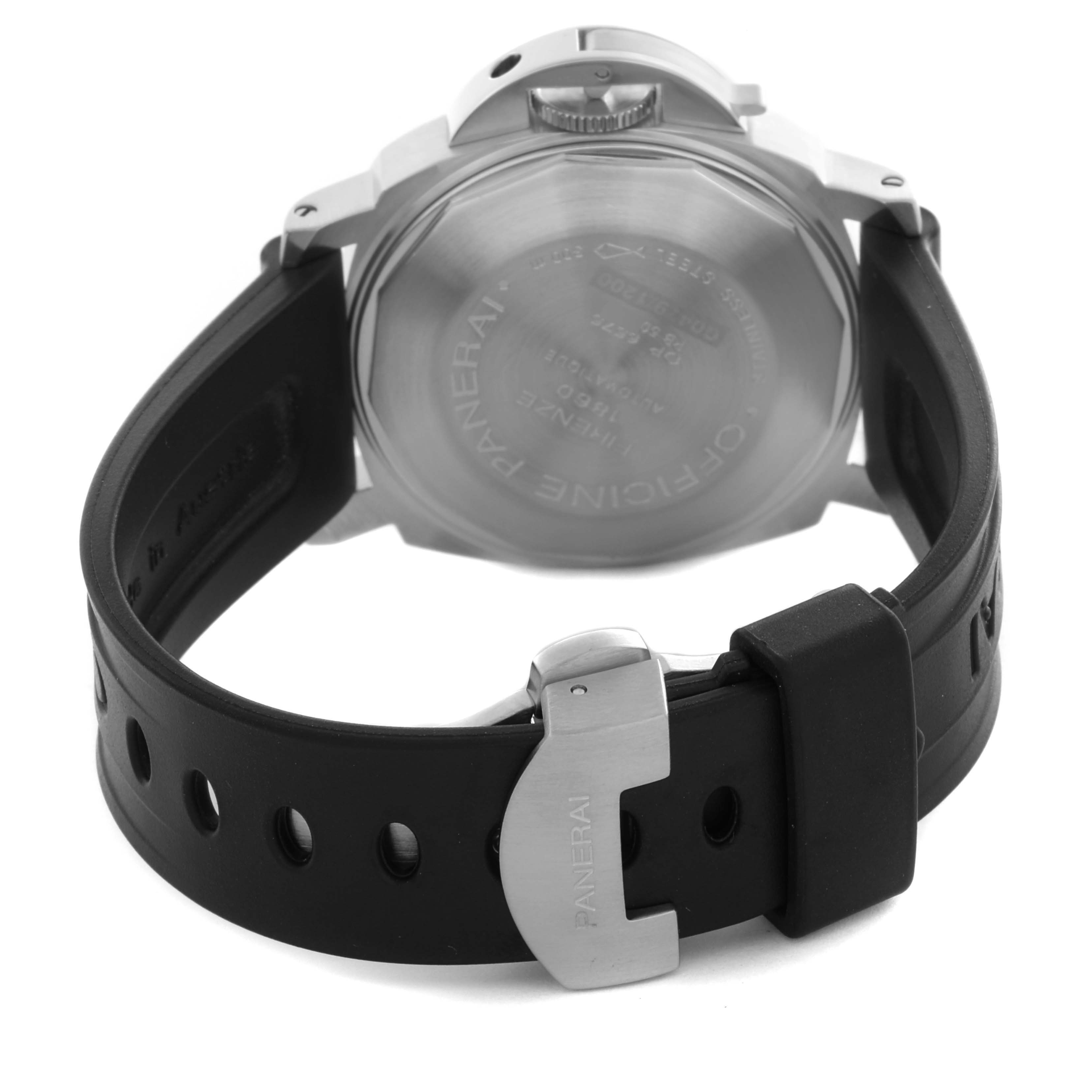 The image shows the back of a Panerai Luminor PAM00125 Men's Stainless Steel Black Dial PAM00125 Men's Stainless Steel Black Dial watch, highlighting its case back, crown guard, and rubber strap with a buckle.