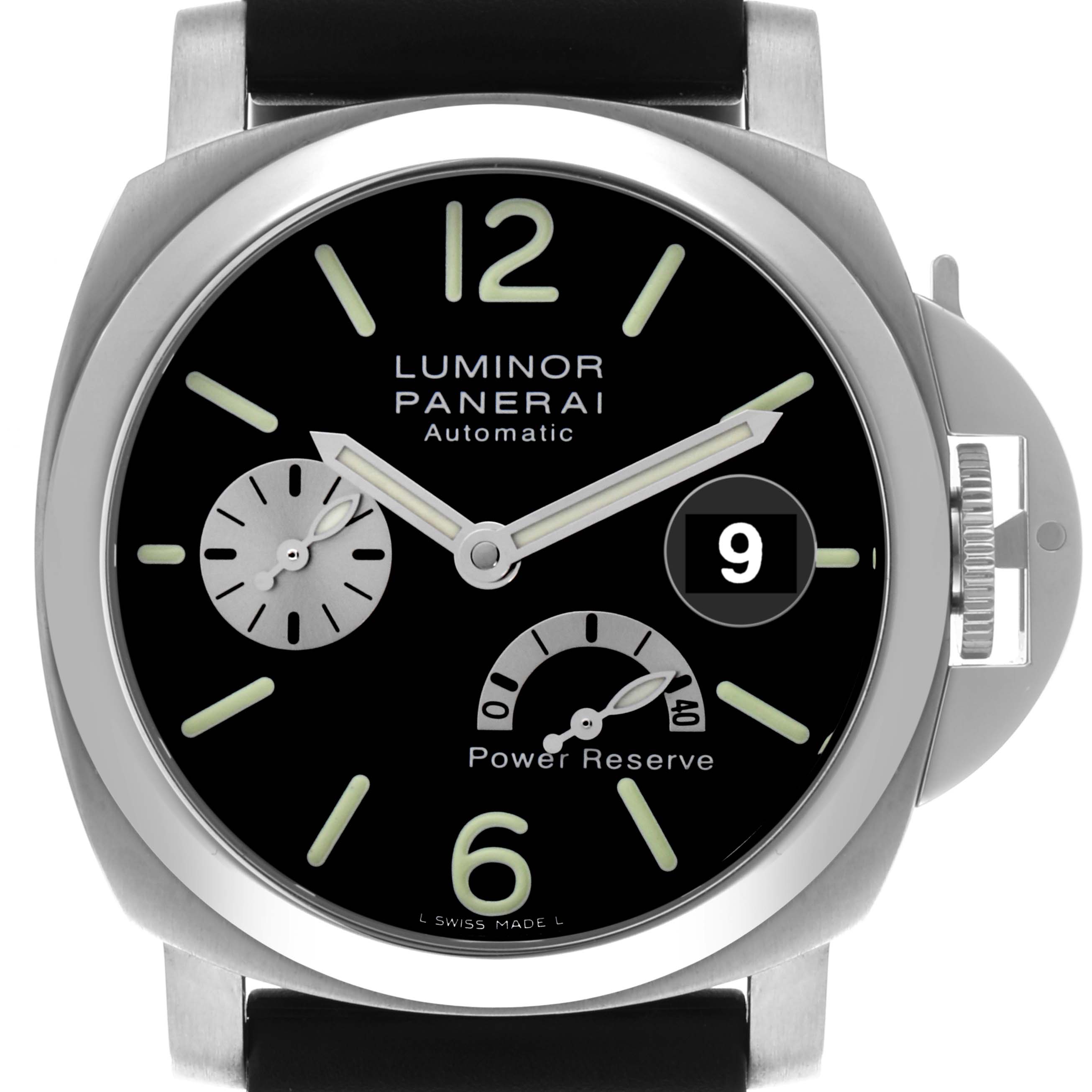 The image shows a frontal view of a Luminor Panerai watch, displaying the dial, hands, date, and power reserve indicators.