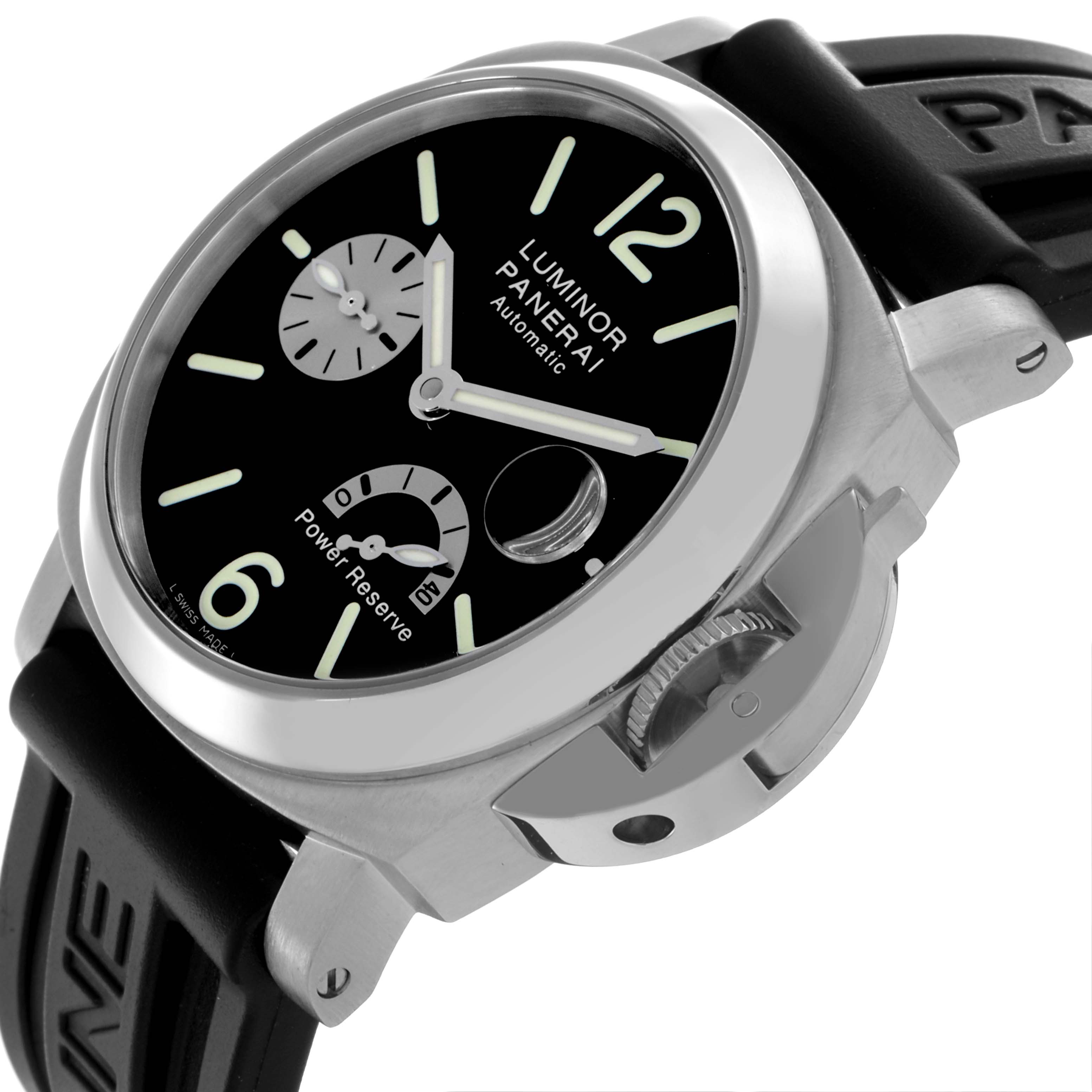 The image shows a Panerai Luminor PAM00125 Men's Stainless Steel Black Dial PAM00125 Men's Stainless Steel Black Dial watch at a slight angle, highlighting its crown guard, black dial, and rubber strap.